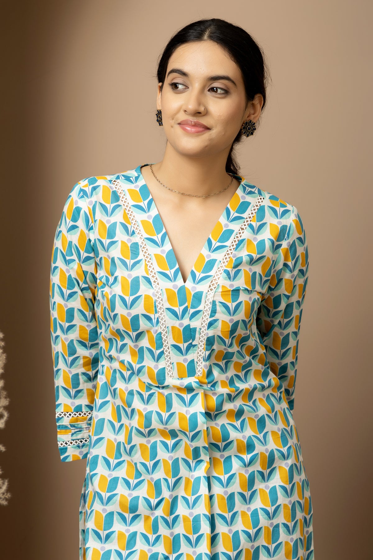 Coastal Bloom- aqua blue -mustard print cotton kurta with blue Afghani pants