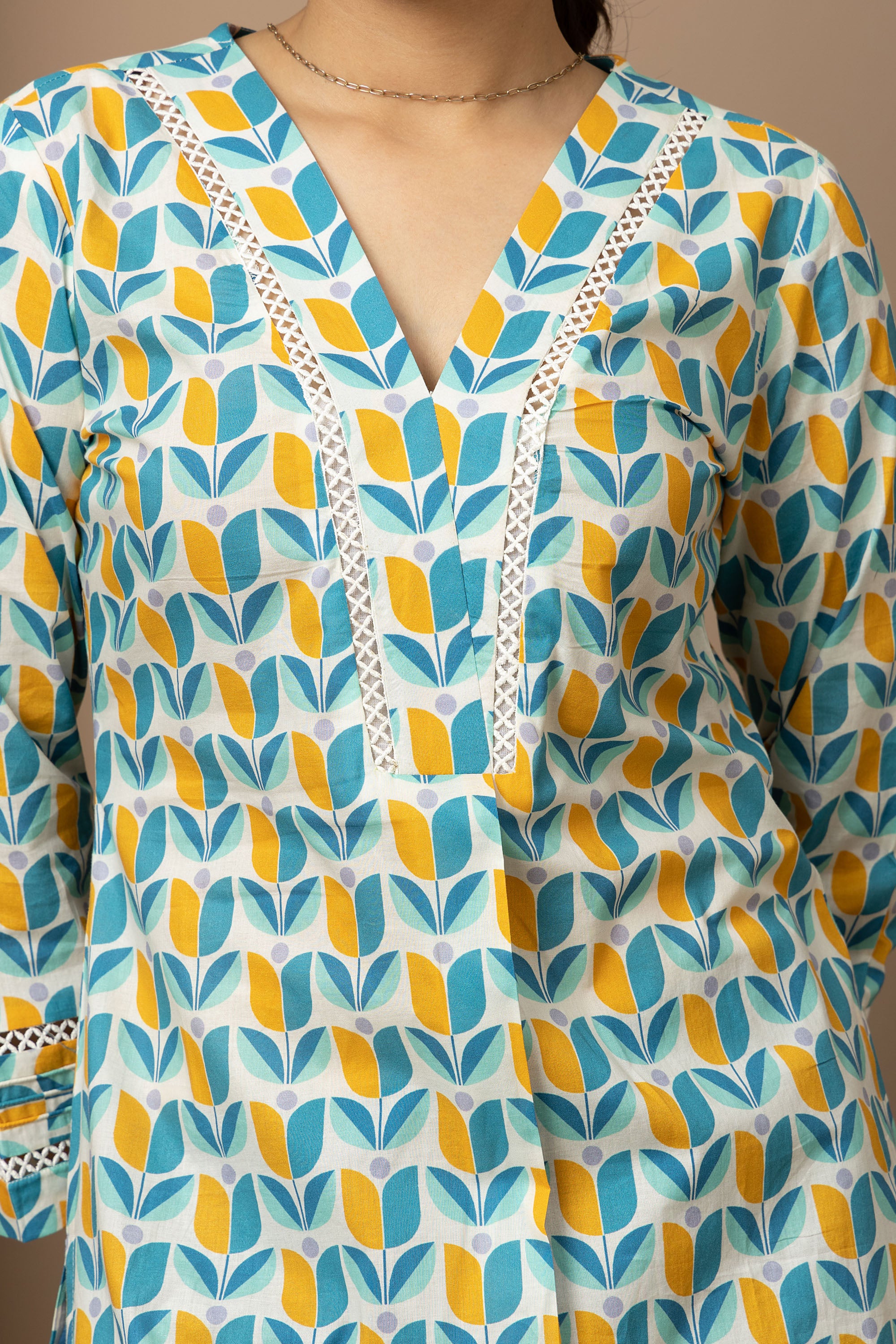 Coastal Bloom- aqua blue and mustard print on white cotton kurta