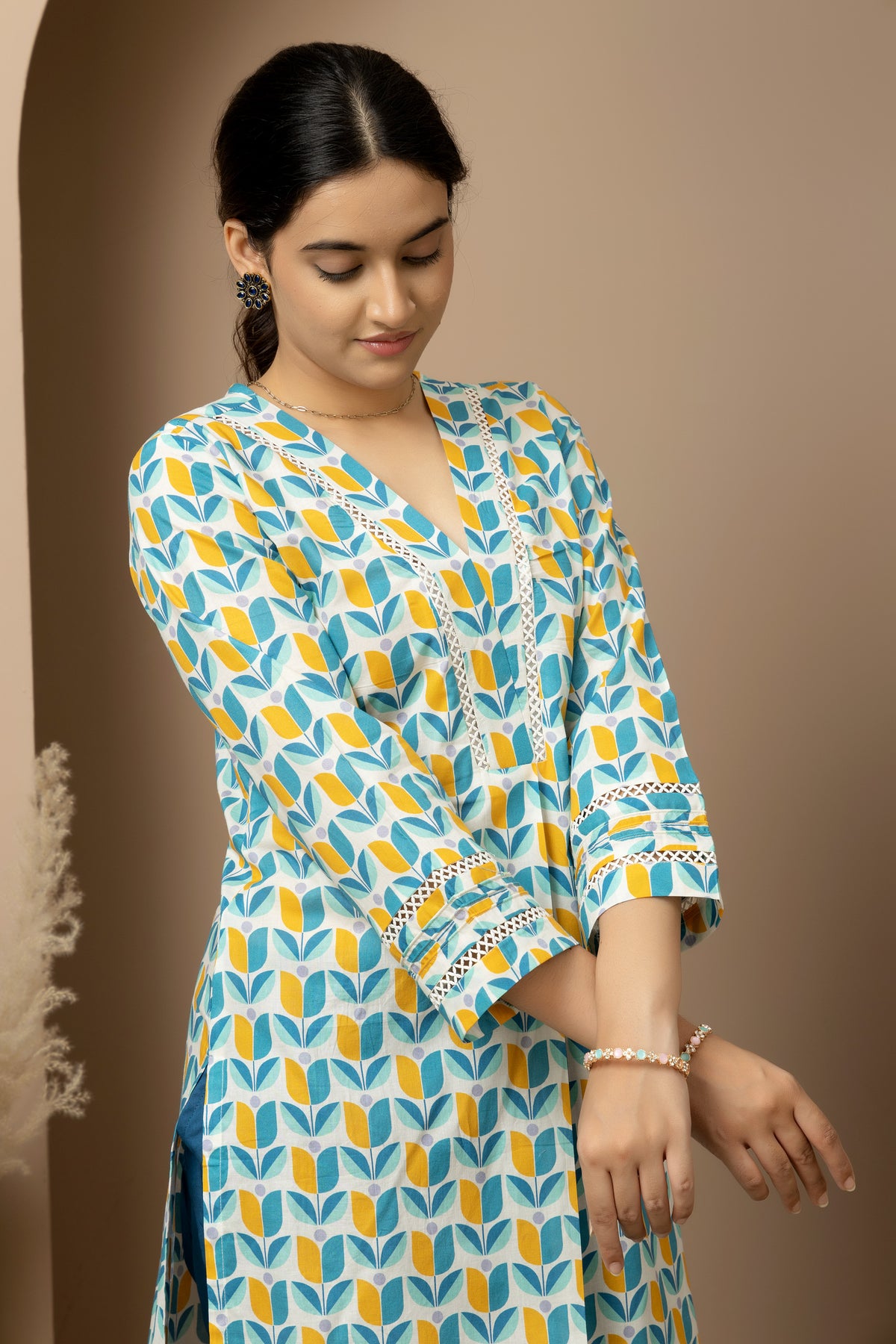 Coastal Bloom- aqua blue -mustard print cotton kurta with blue Afghani pants