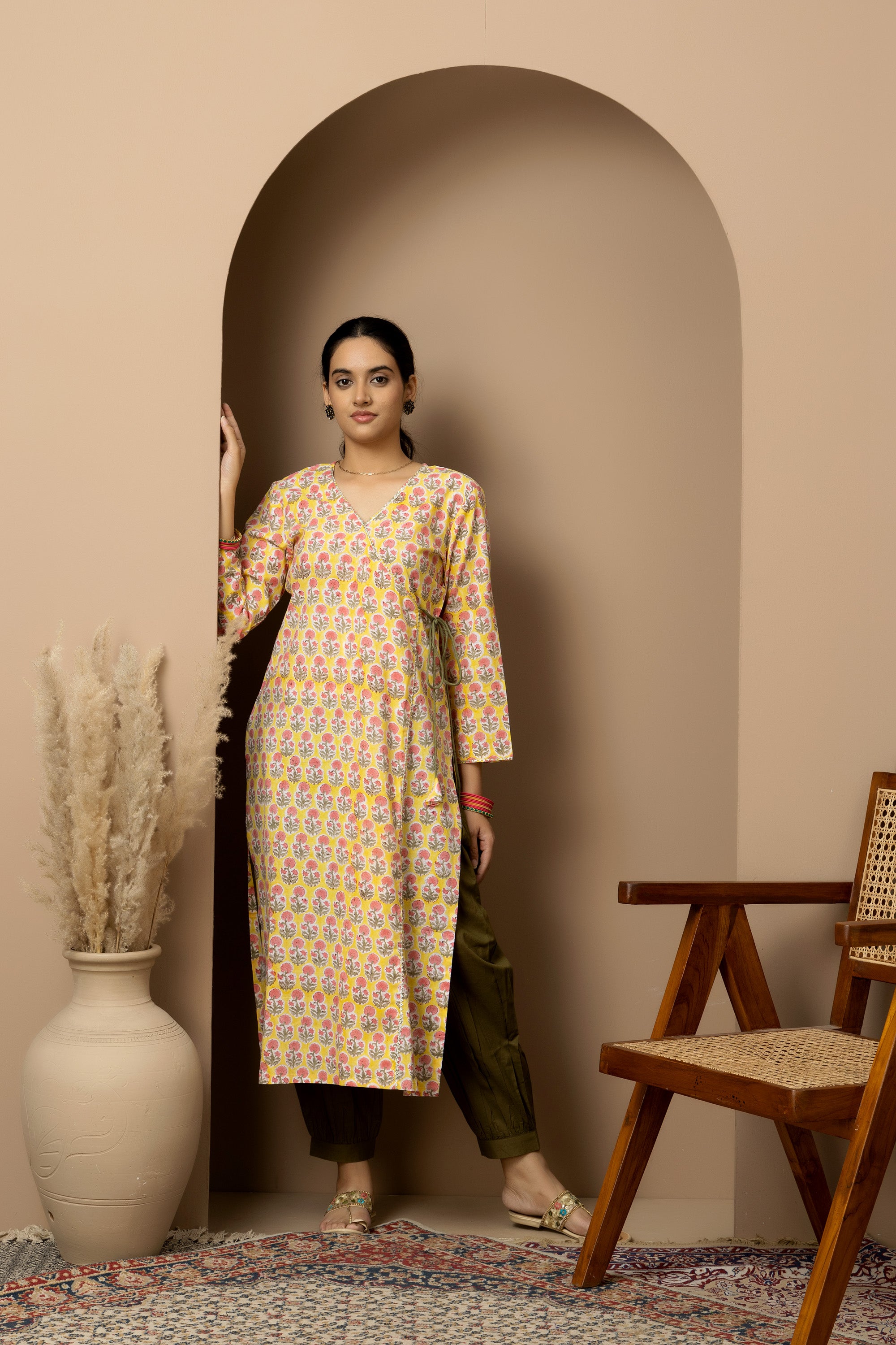 Vasanta Phool- yellow with flower hand block print cotton kurta