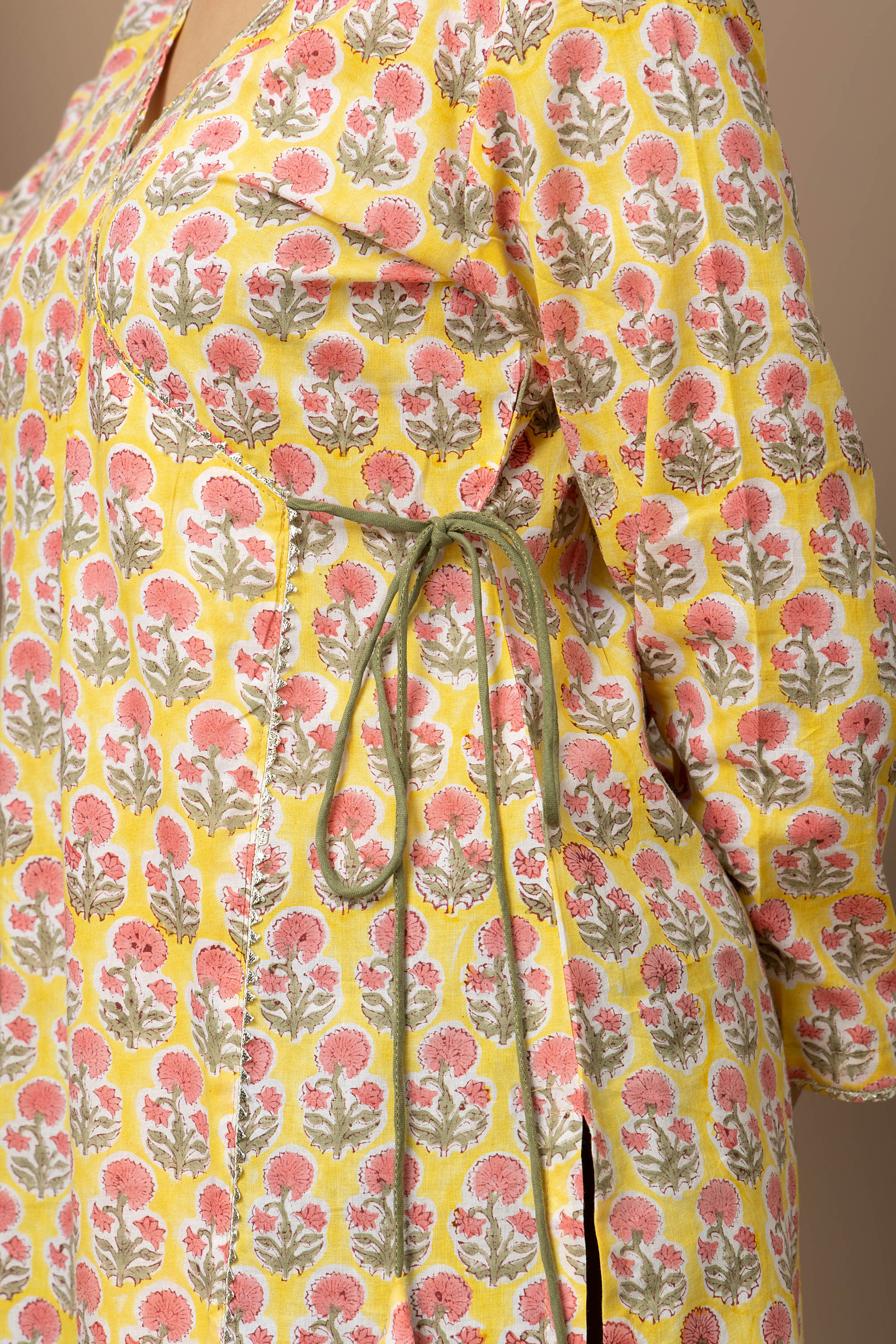 Vasanta Phool- yellow with flower hand block print cotton kurta