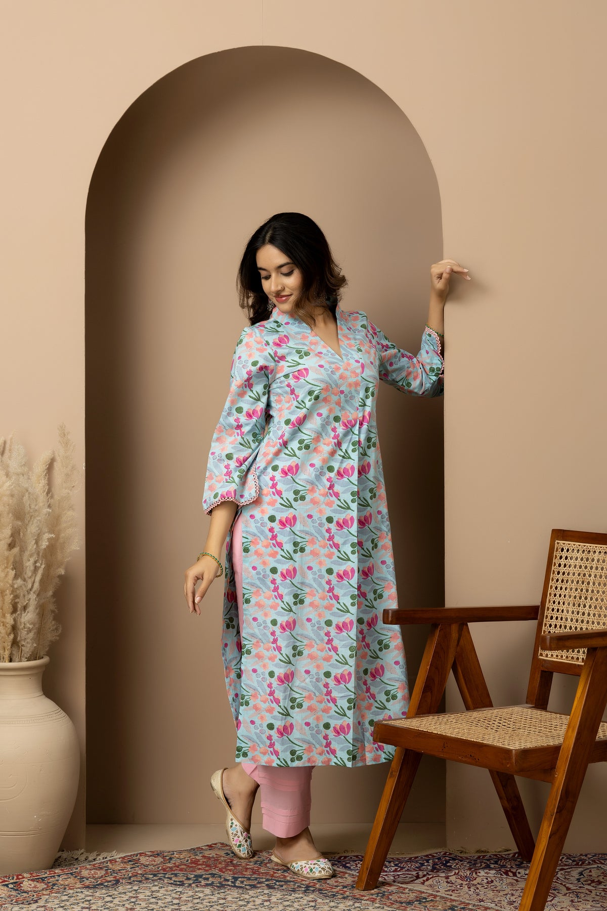 Rosabelle- powder blue cotton Jaipur print kurta with pink straight pants