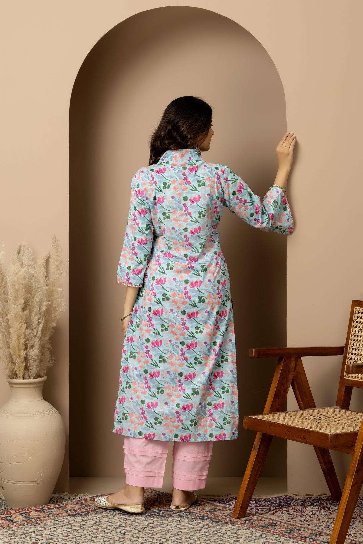 Rosabelle- powder blue cotton Jaipur print kurta with pink straight pants