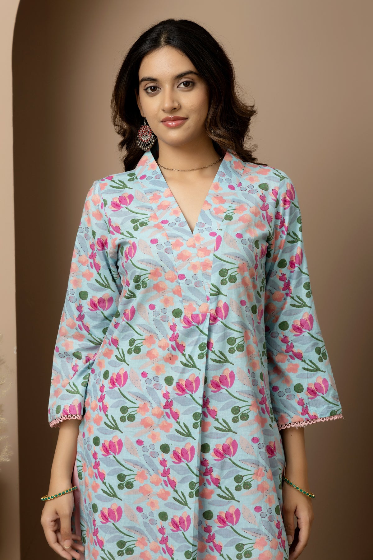 Rosabelle- powder blue cotton Jaipur print kurta with pink straight pants