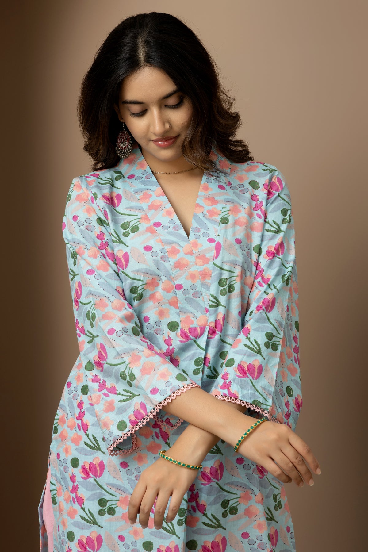 Rosabelle- powder blue cotton Jaipur print kurta with pink straight pants