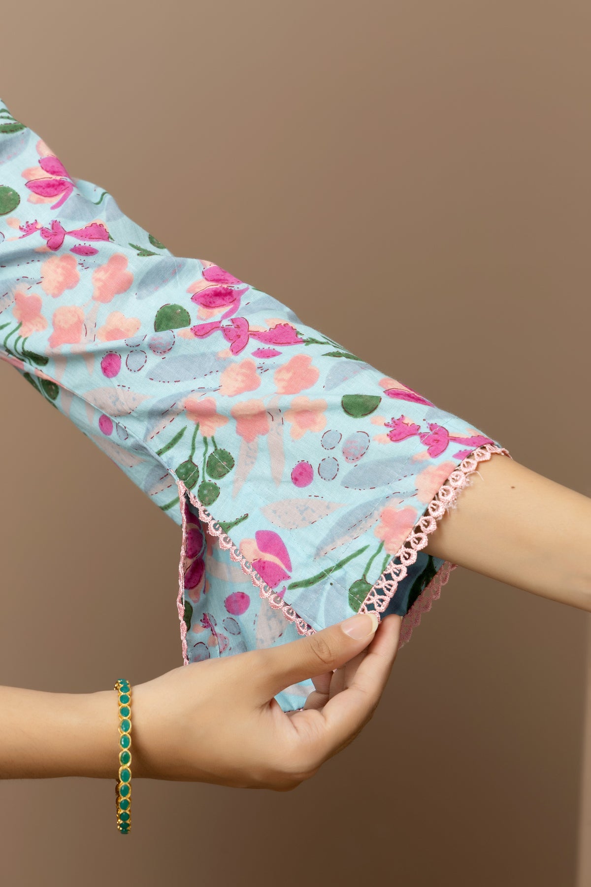 Rosabelle- powder blue cotton Jaipur print kurta with pink straight pants