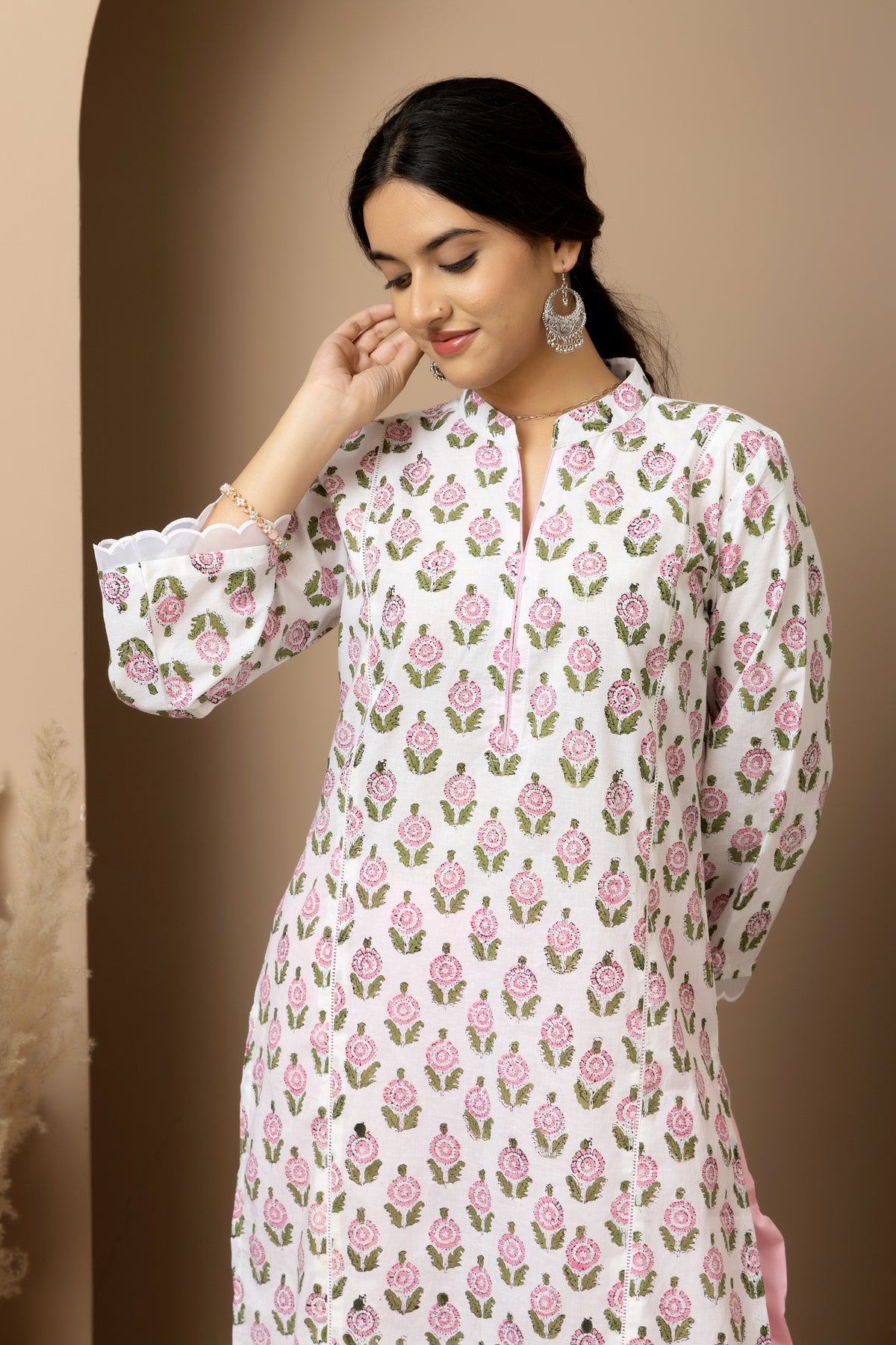 Ivory Blossum- Ivory white Jaipur hand block kurta with pink straight pants
