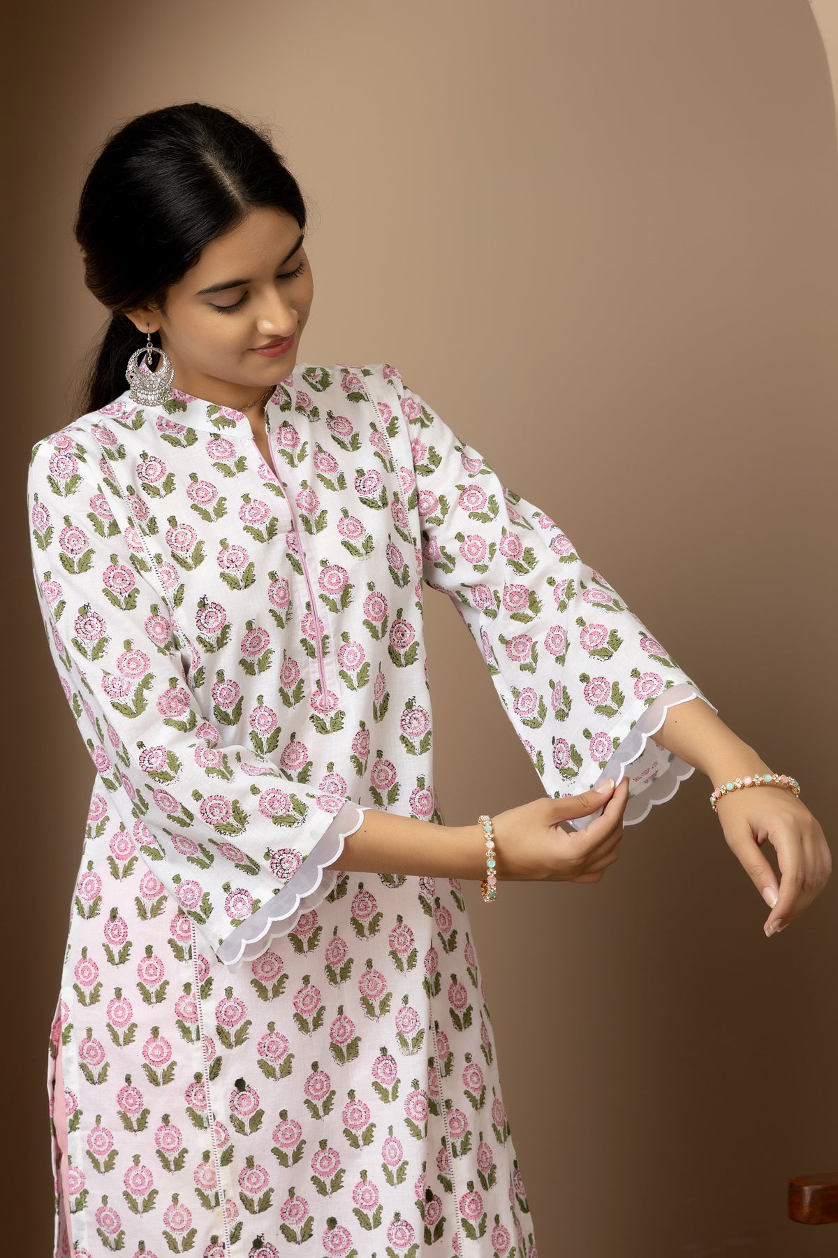 Ivory Blossum- Ivory white Jaipur hand block kurta with pink straight pants