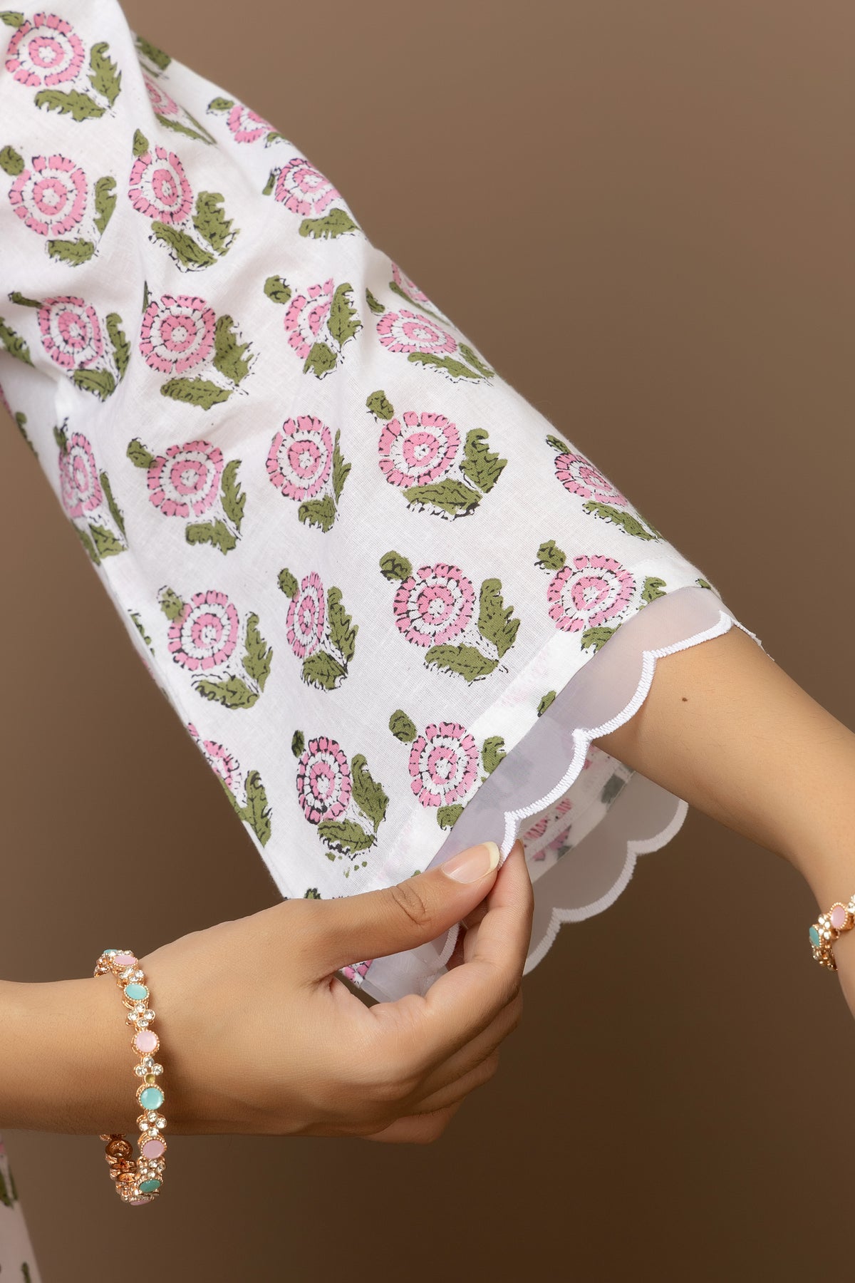Ivory Blossum- Ivory white Jaipur hand block kurta with pink straight pants