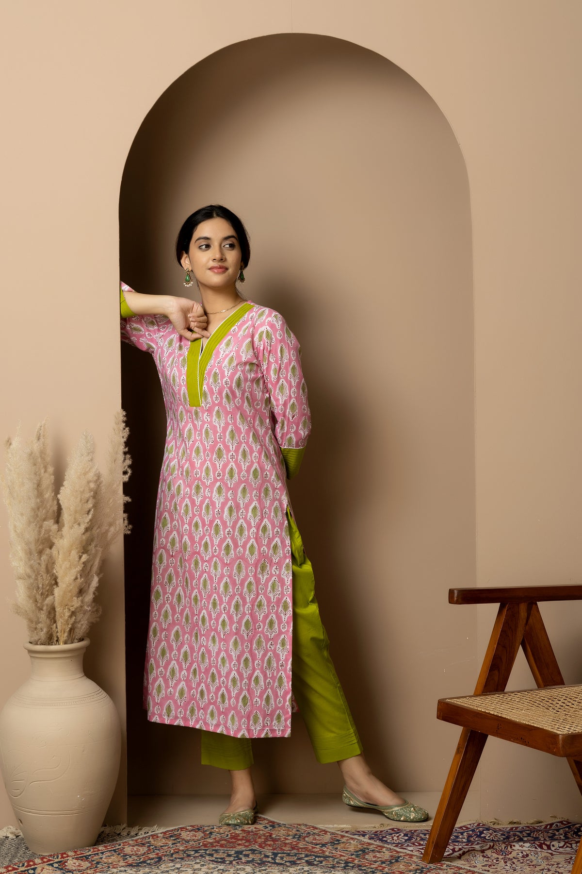 Pink Grove- cotton pink Jaipur hand block kurta with green straight pants