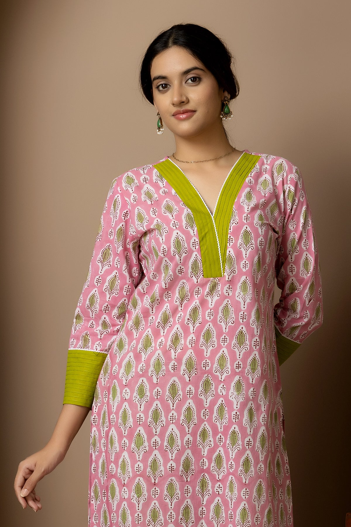 Pink Grove- cotton pink Jaipur hand block kurta with green straight pants