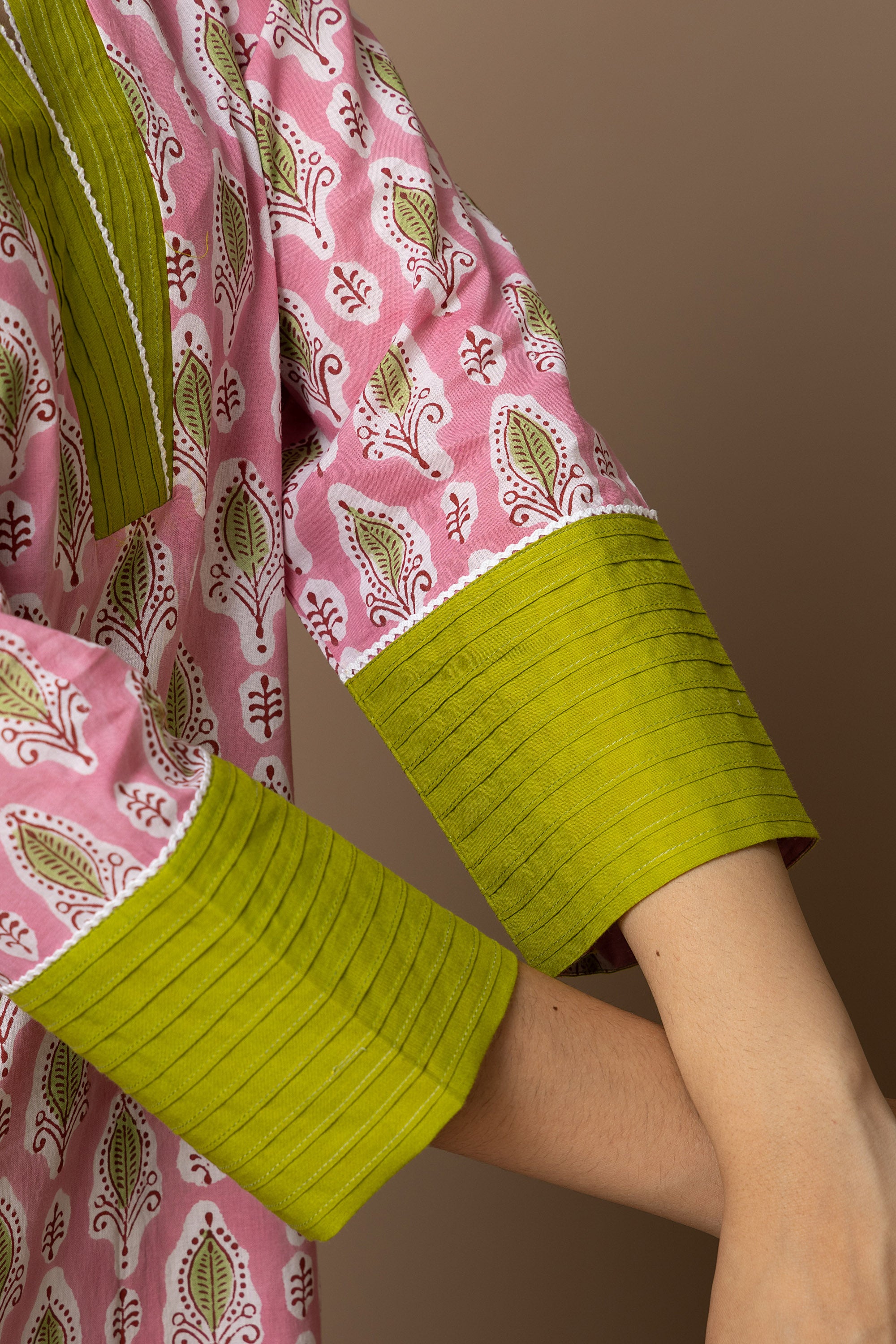 Pink Grove- 100% cotton pink hand block print kurta with green leaf motif