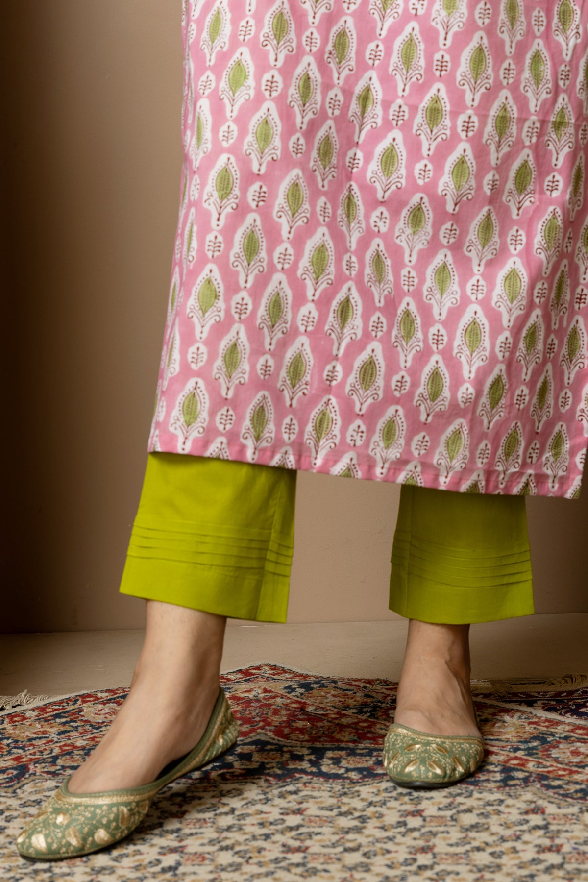 Pink Grove- cotton pink Jaipur hand block kurta with green straight pants