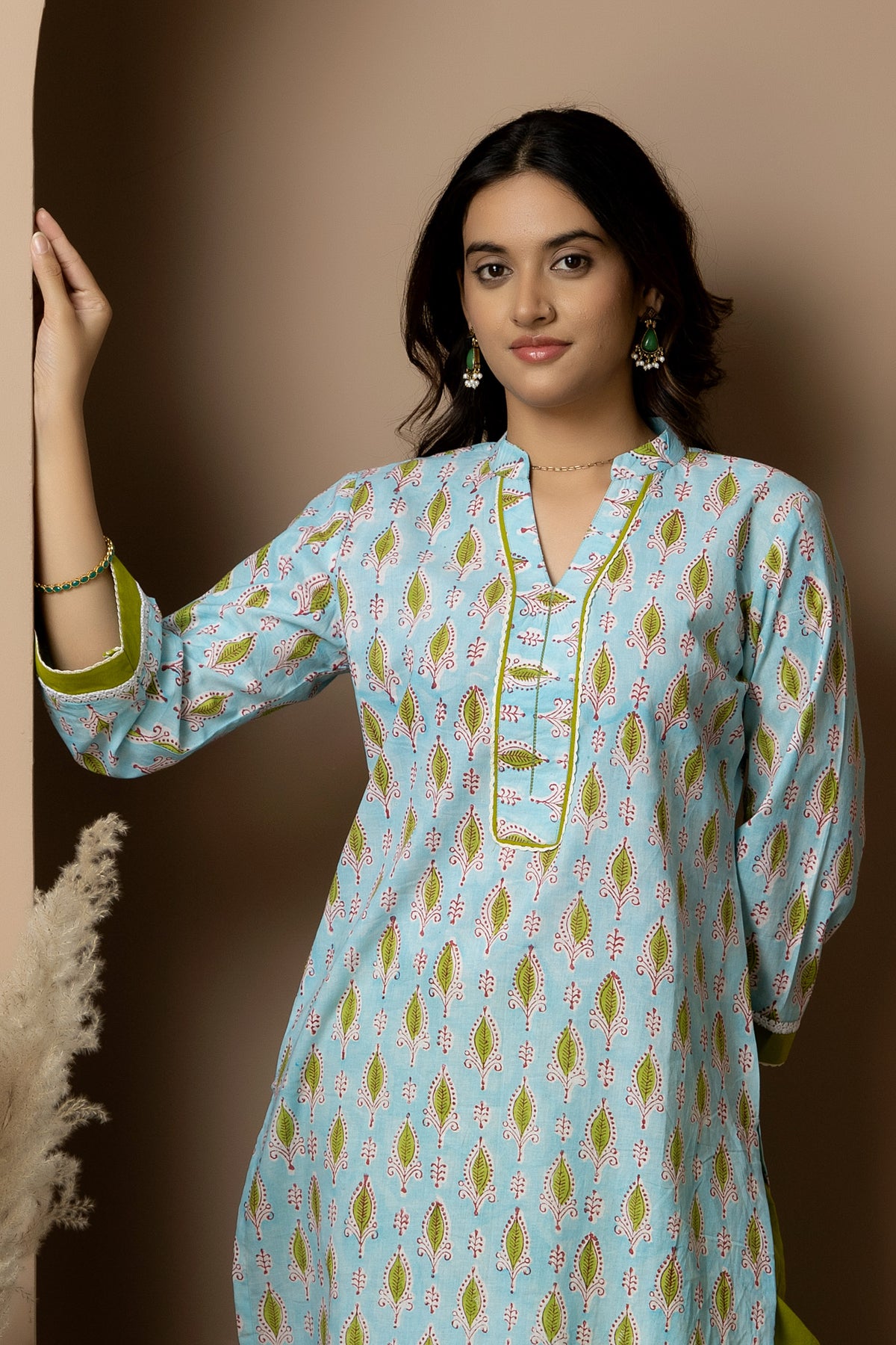 Neelambari- cotton light blue Jaipur hand block kurta with green straight pants