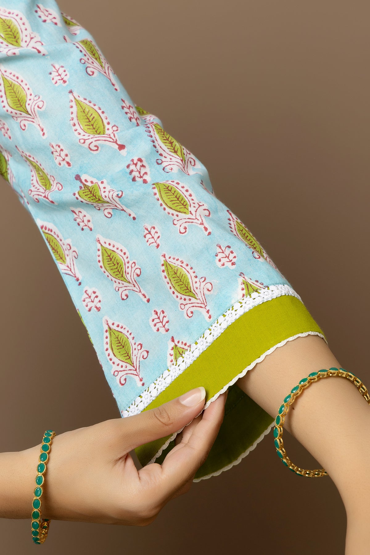 Neelambari- cotton light blue Jaipur hand block kurta with green straight pants
