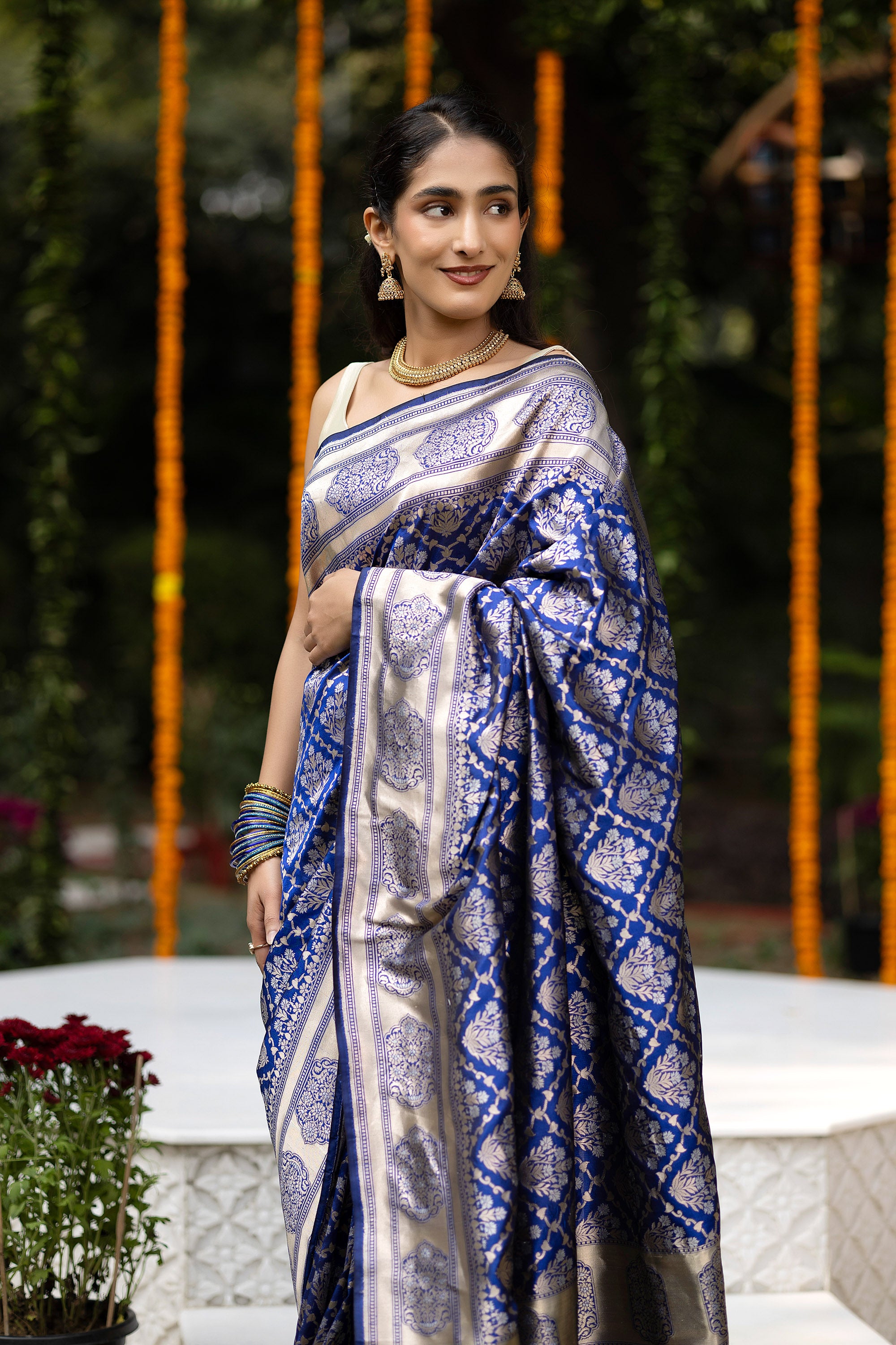 Banarasi Handloom rich blue pure silk saree with zari Jaal work