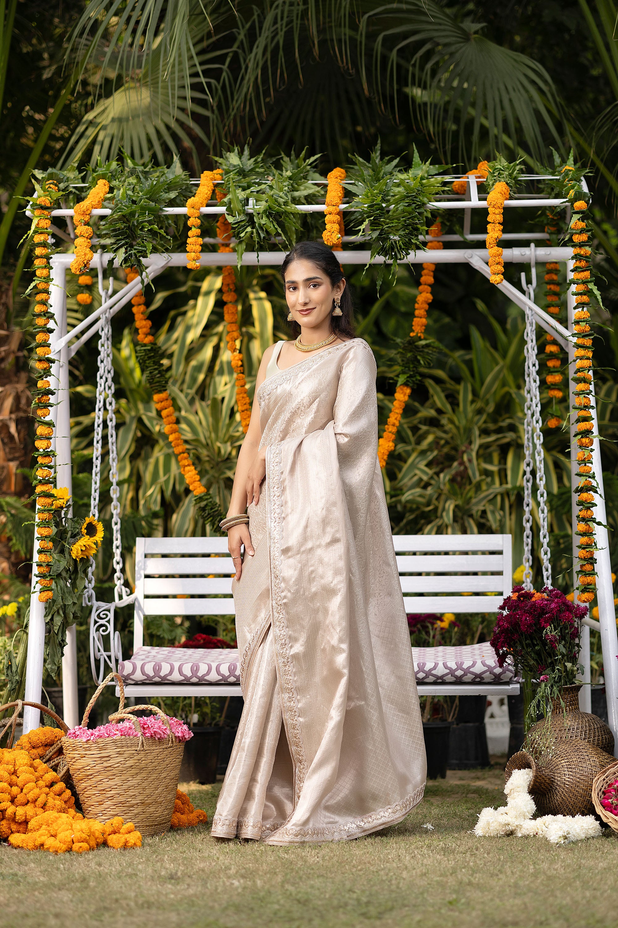 Banarasi pure tissue silk silver white saree with embellishment lace on the border