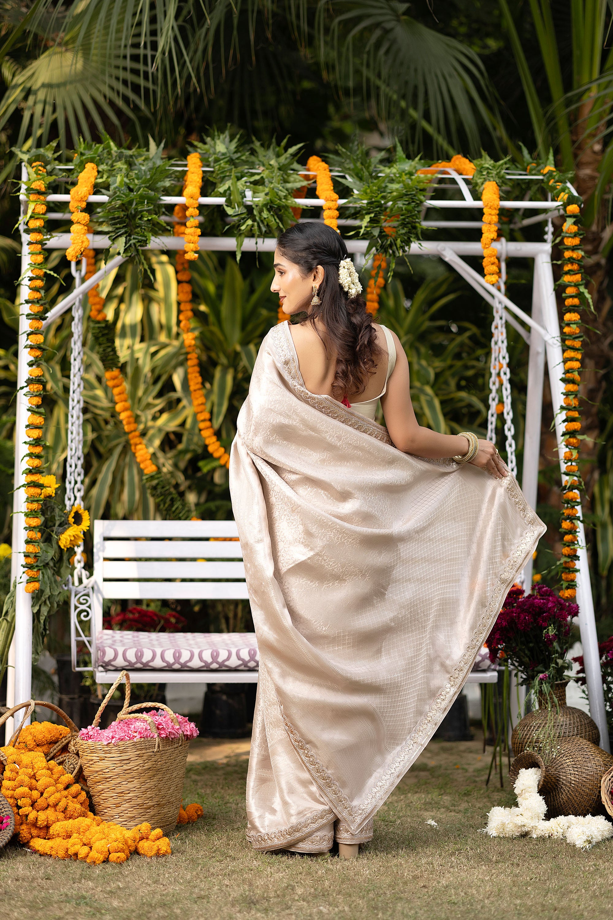 Banarasi pure tissue silk silver white saree with embellishment lace on the border