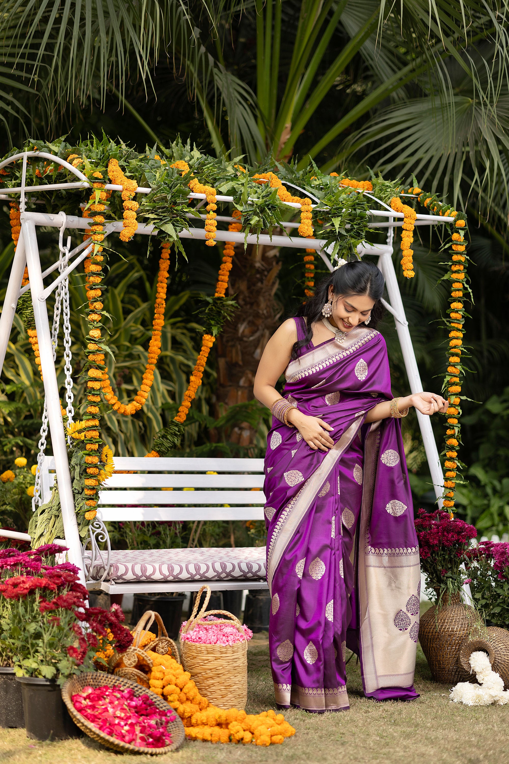 Banarasi Handloom rich purple pure silk saree with large buta and border