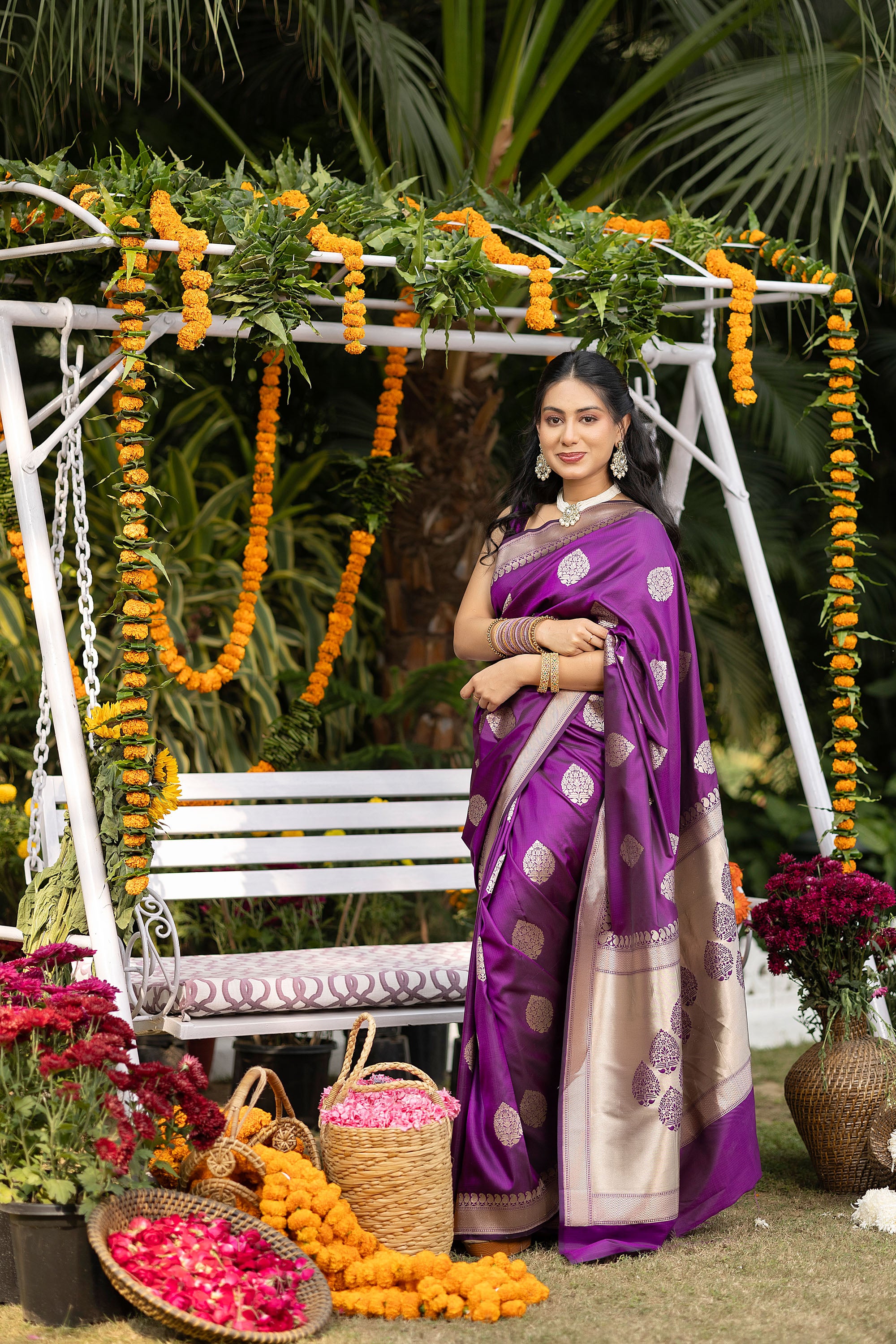 Banarasi Handloom rich purple pure silk saree with large buta and border