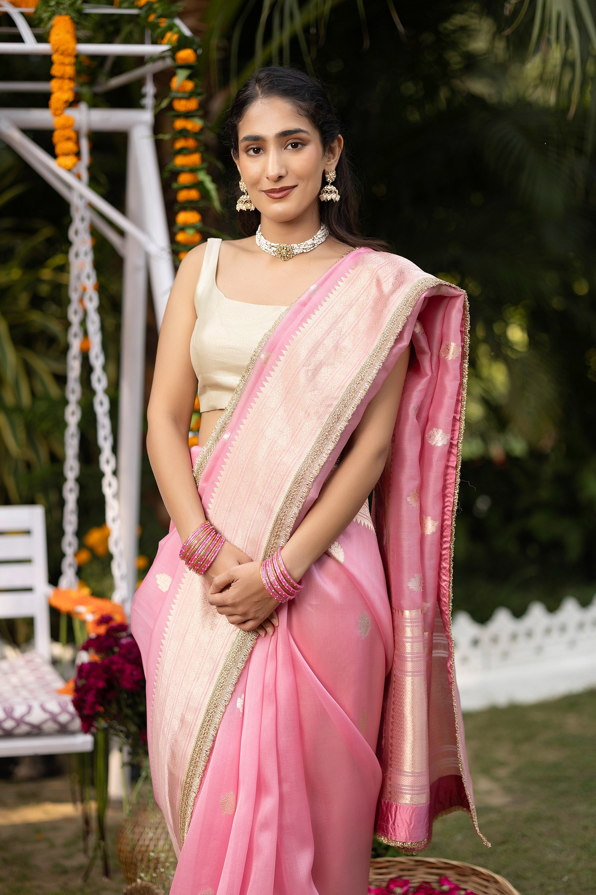 Banarasi handloom pink pure organza silk saree with zari Buti and border and embellishment lace on the border