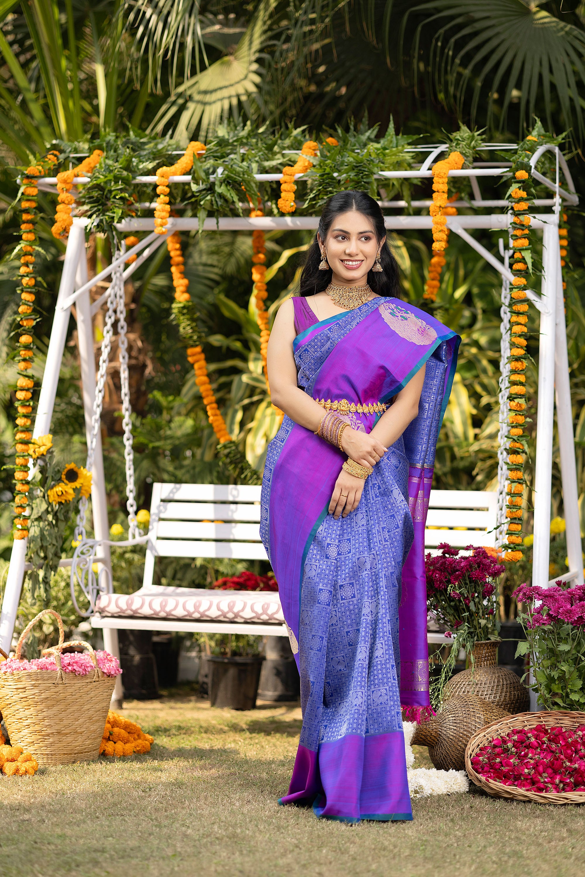 Kanjivaram handloom pure silk pure zari blue saree with a magenta border