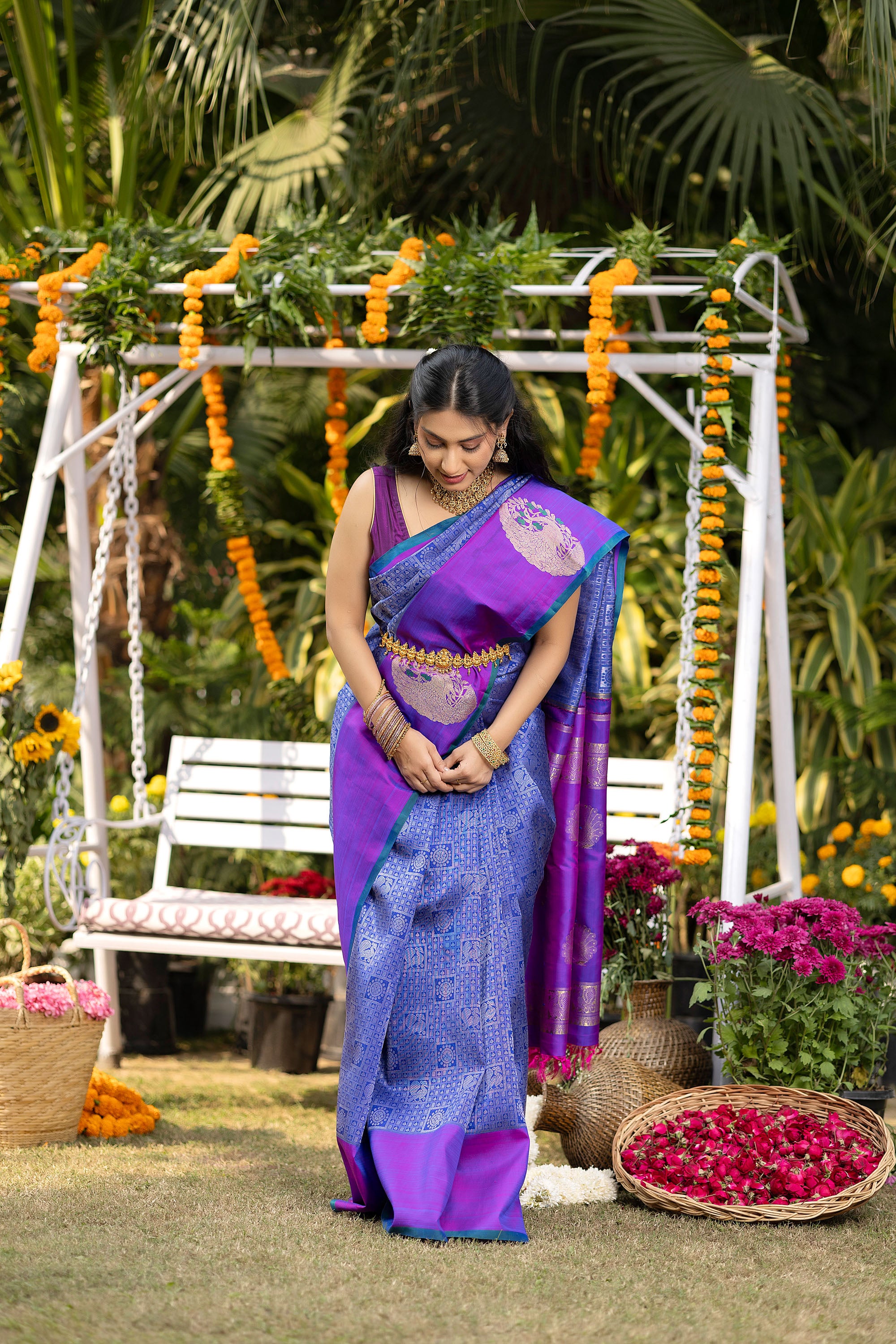 Kanjivaram handloom pure silk pure zari blue saree with a magenta border