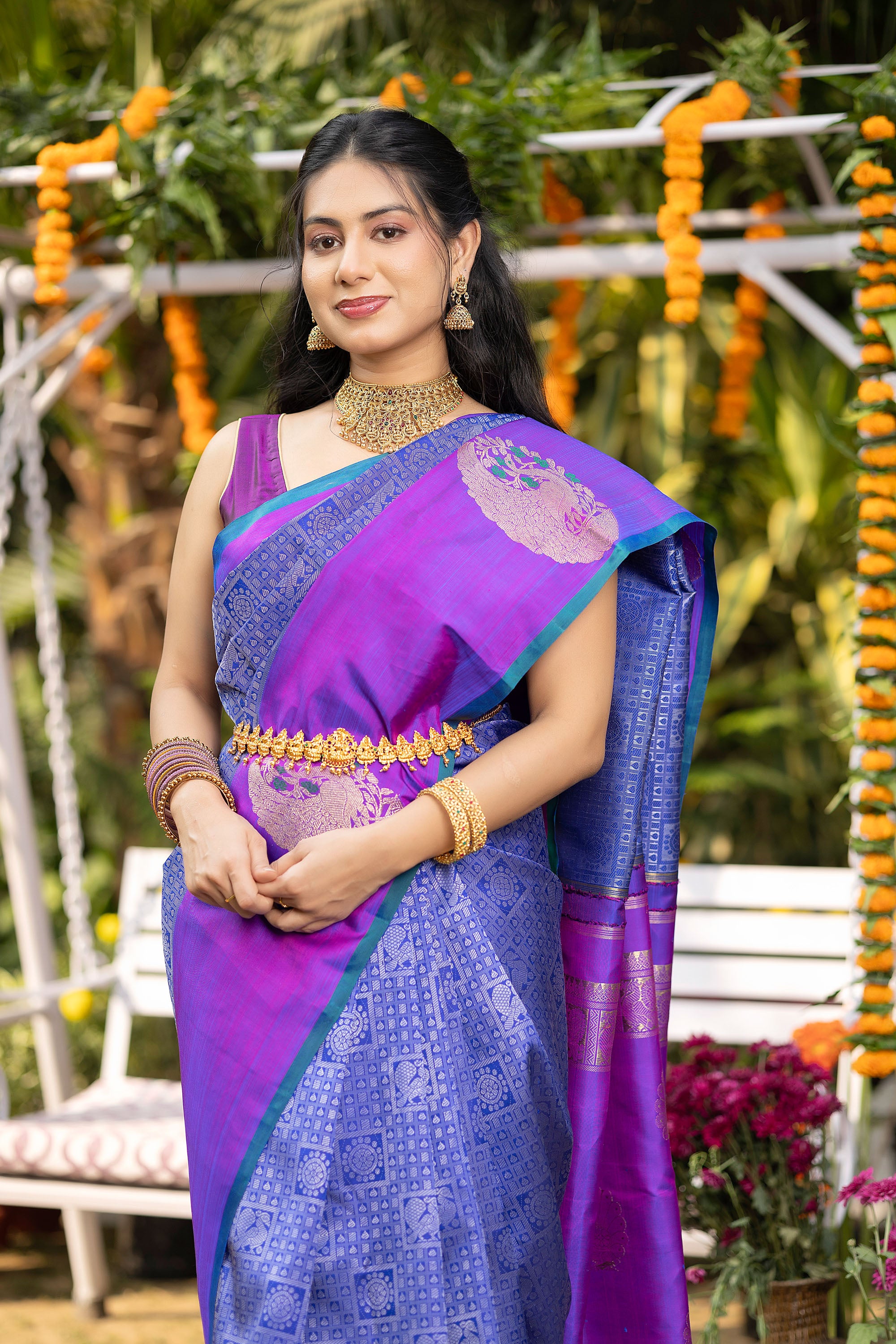 Kanjivaram handloom pure silk pure zari blue saree with a magenta border