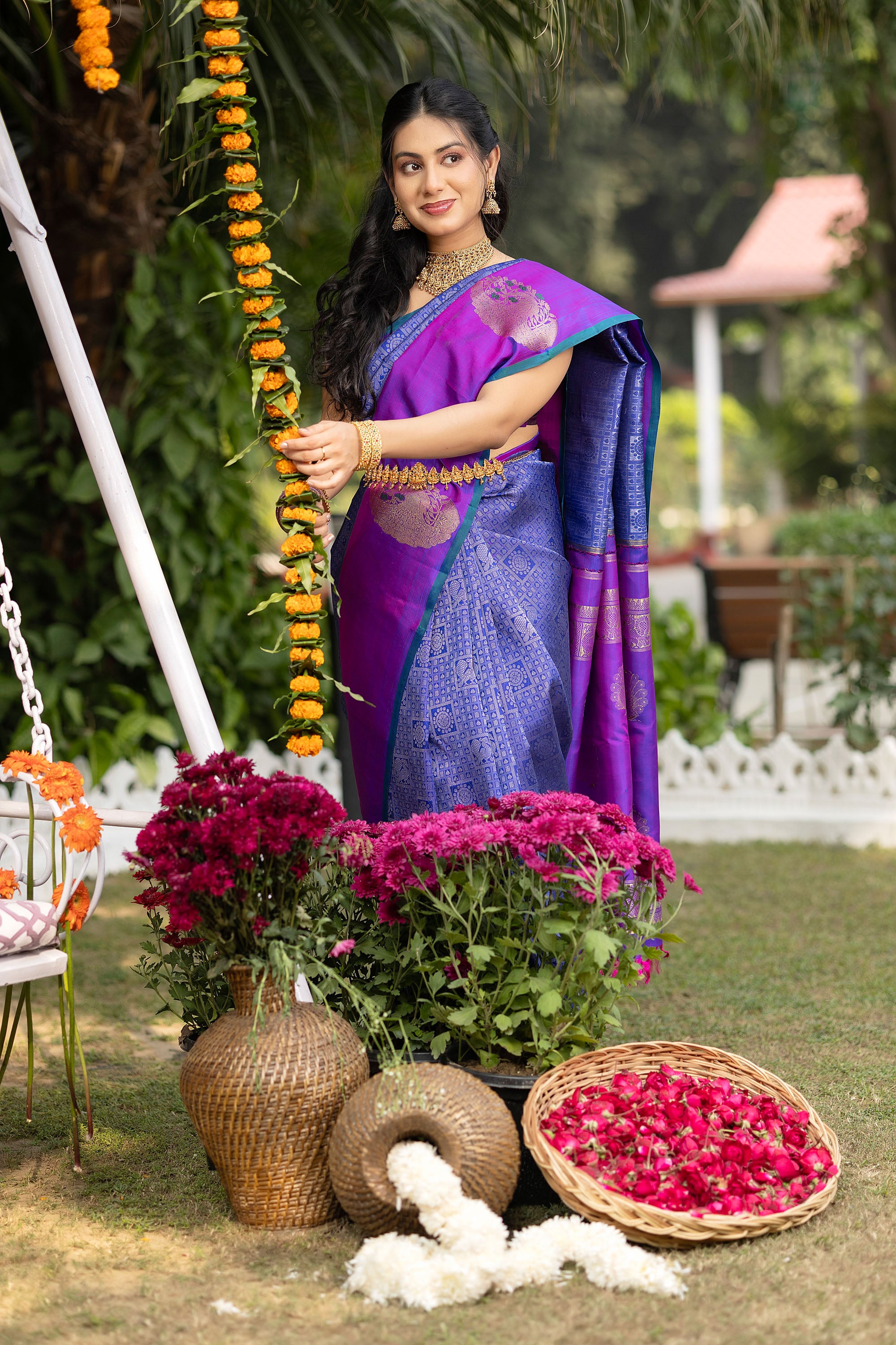 Kanjivaram handloom pure silk pure zari blue saree with a magenta border