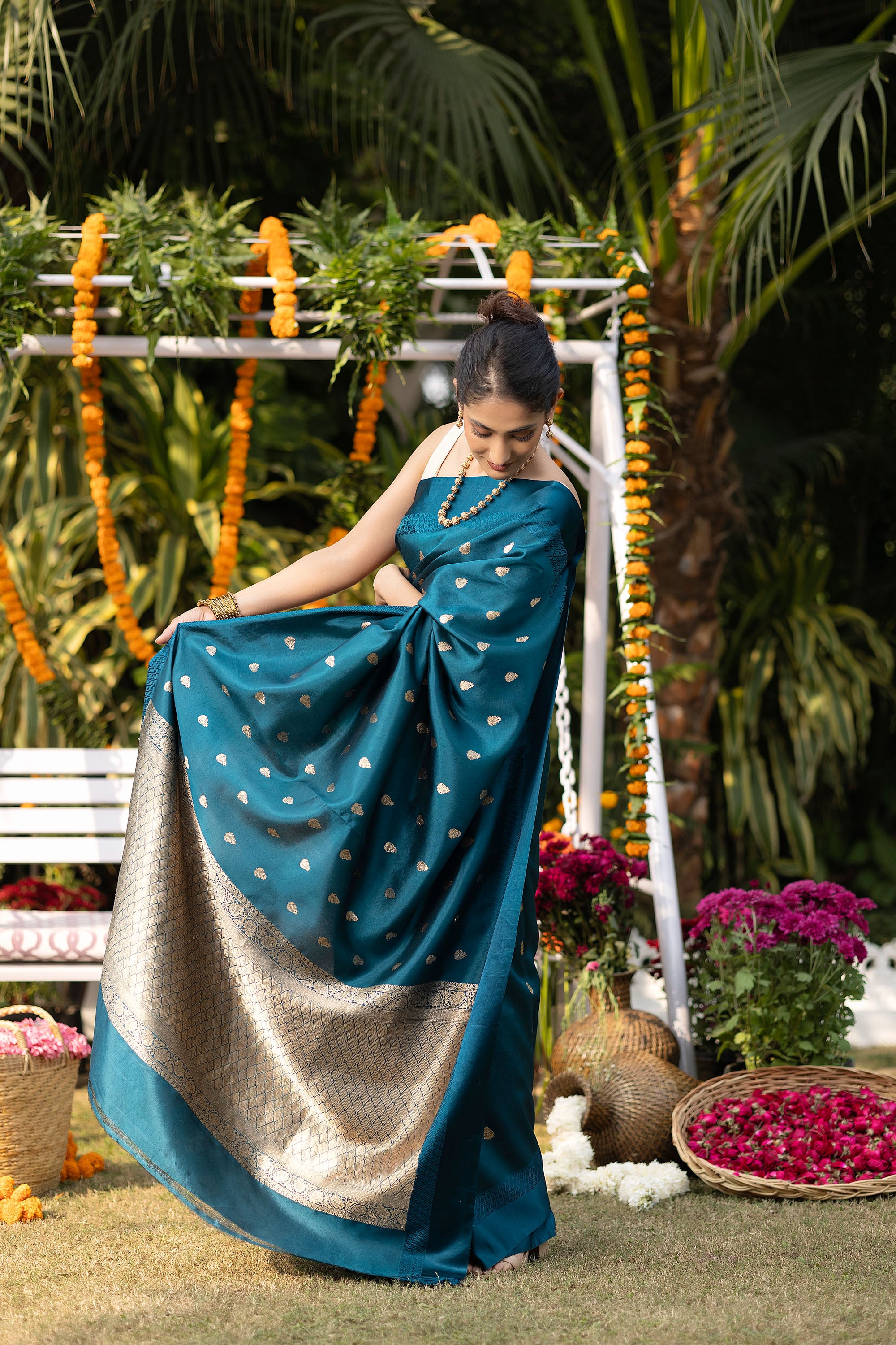 Banarasi handloom teal blue pure silk saree with small zari Buti and zari pallu