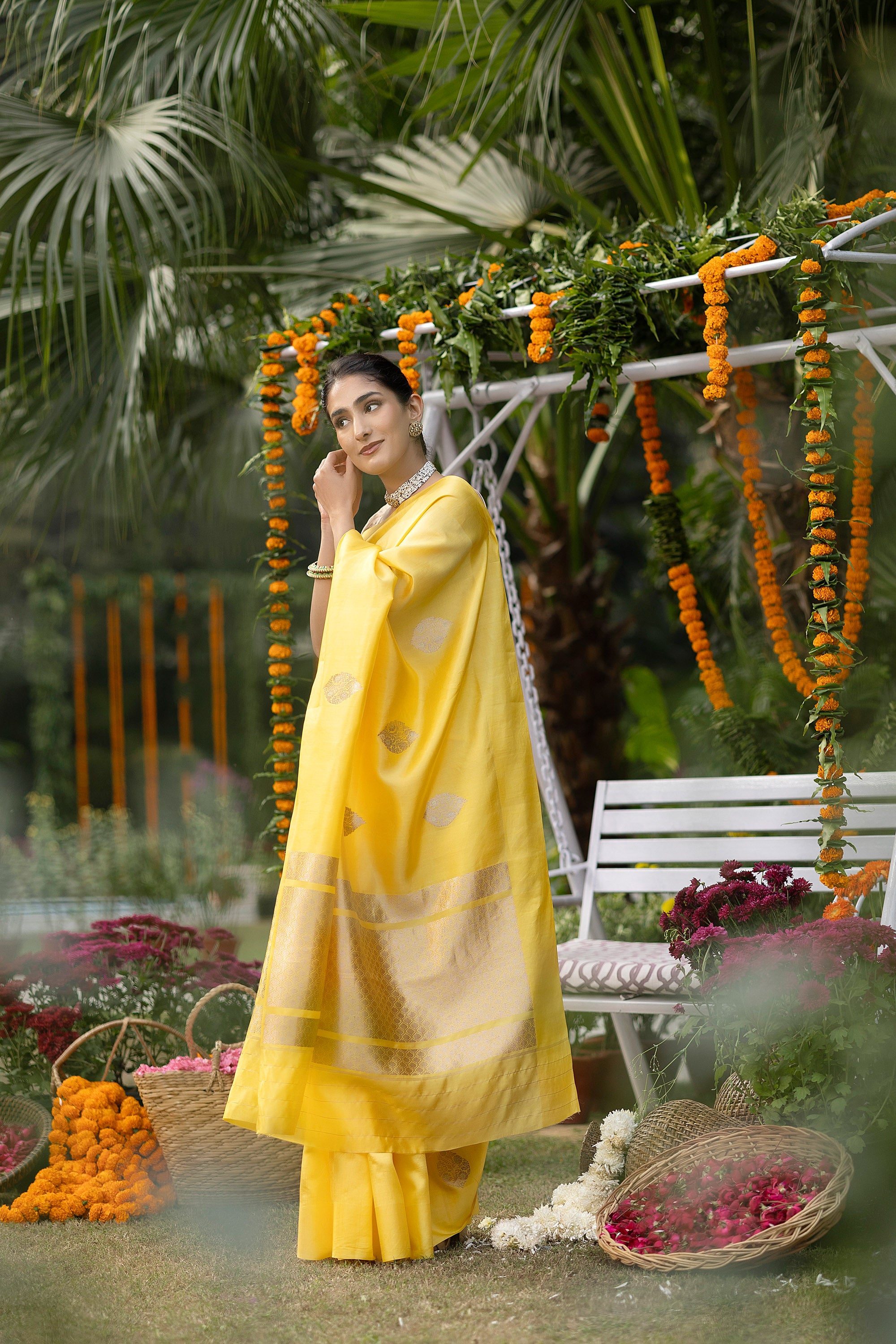 Banarasi handloom yellow pure silk saree with large zari Buti and zari pallu