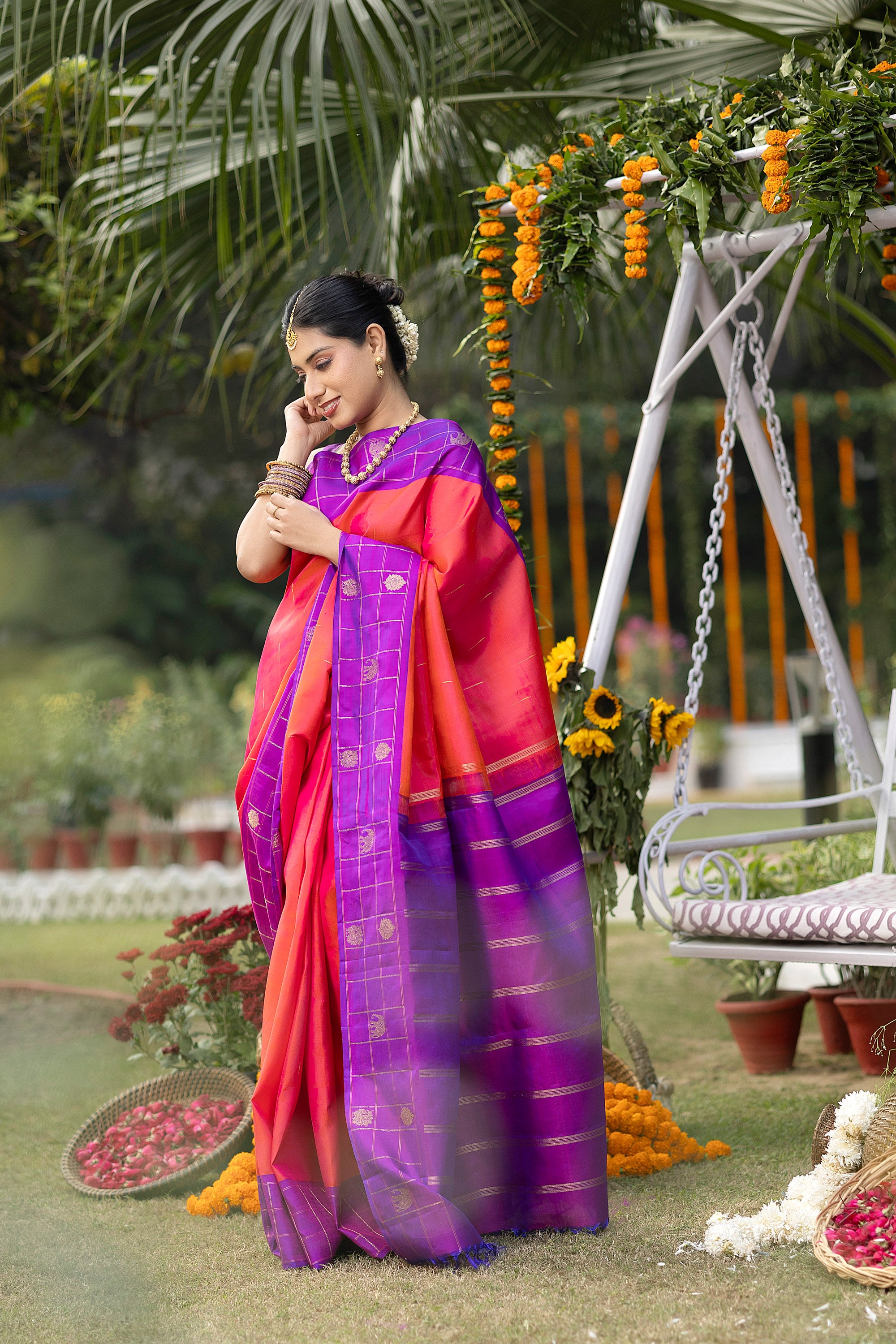 Kanjivaram handloom pure silk pure zari coral red saree with a magenta border