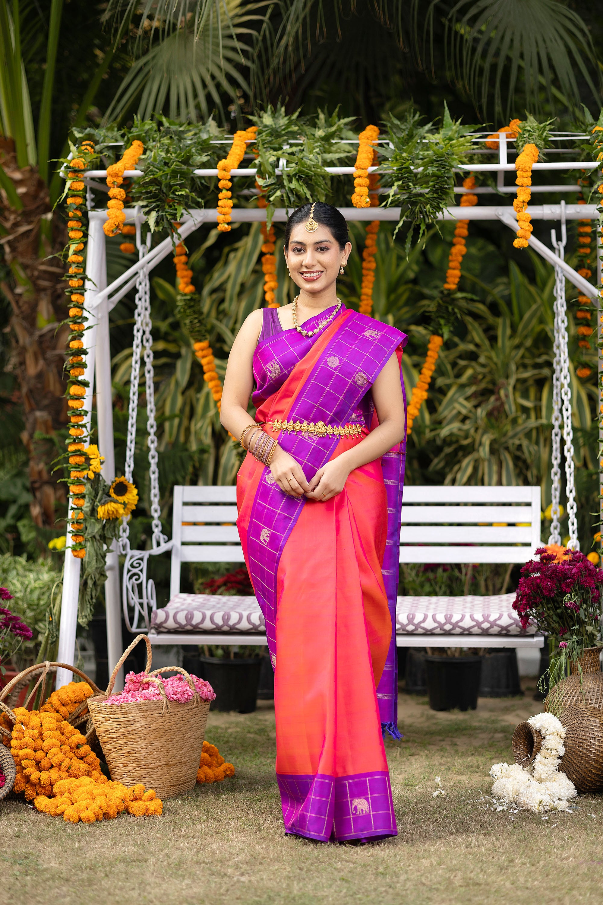 Kanjivaram handloom pure silk pure zari coral red saree with a magenta border