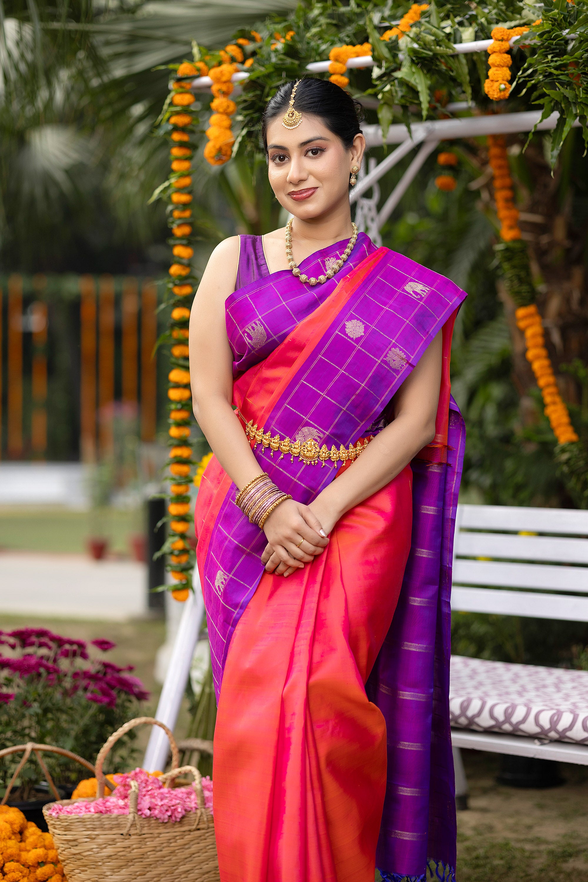 Kanjivaram handloom pure silk pure zari coral red saree with a magenta border
