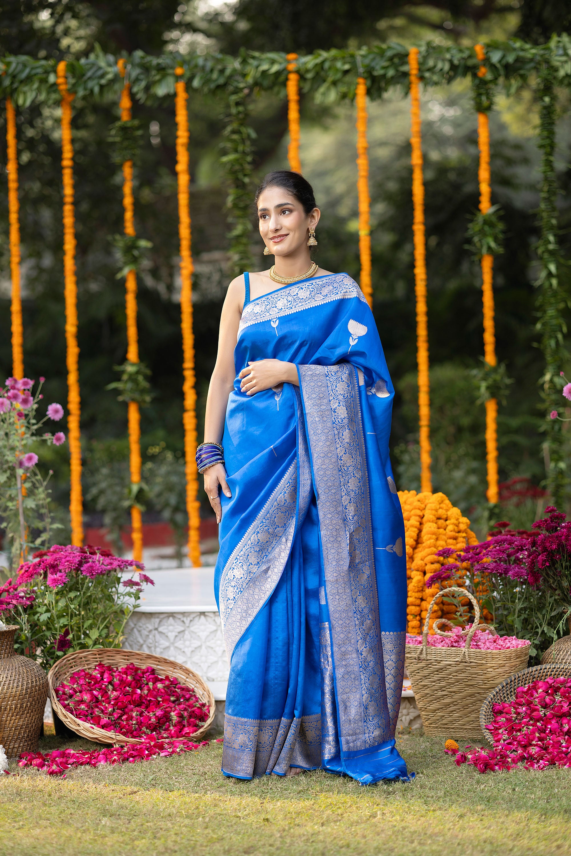 Banarasi Handloom rich blue pure silk saree with zari buta and border