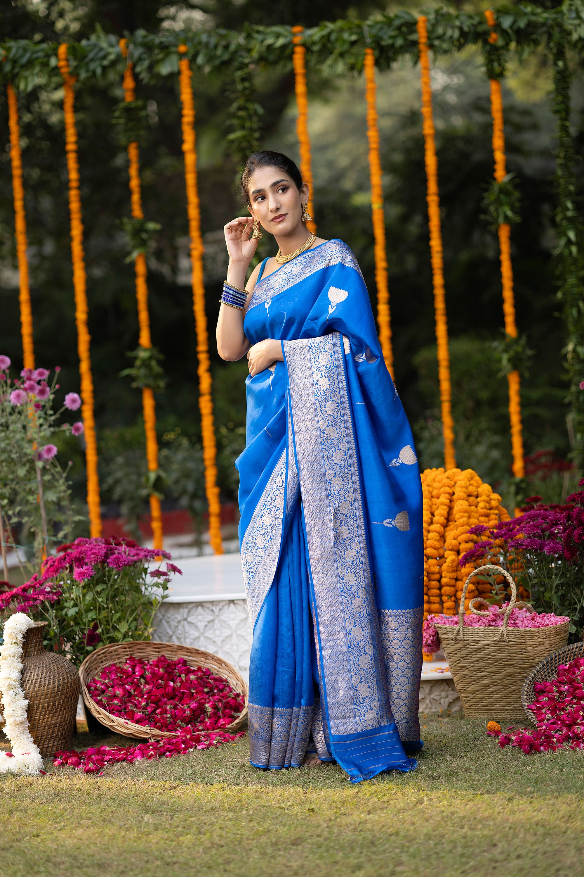 Banarasi Handloom rich blue pure silk saree with zari buta and border