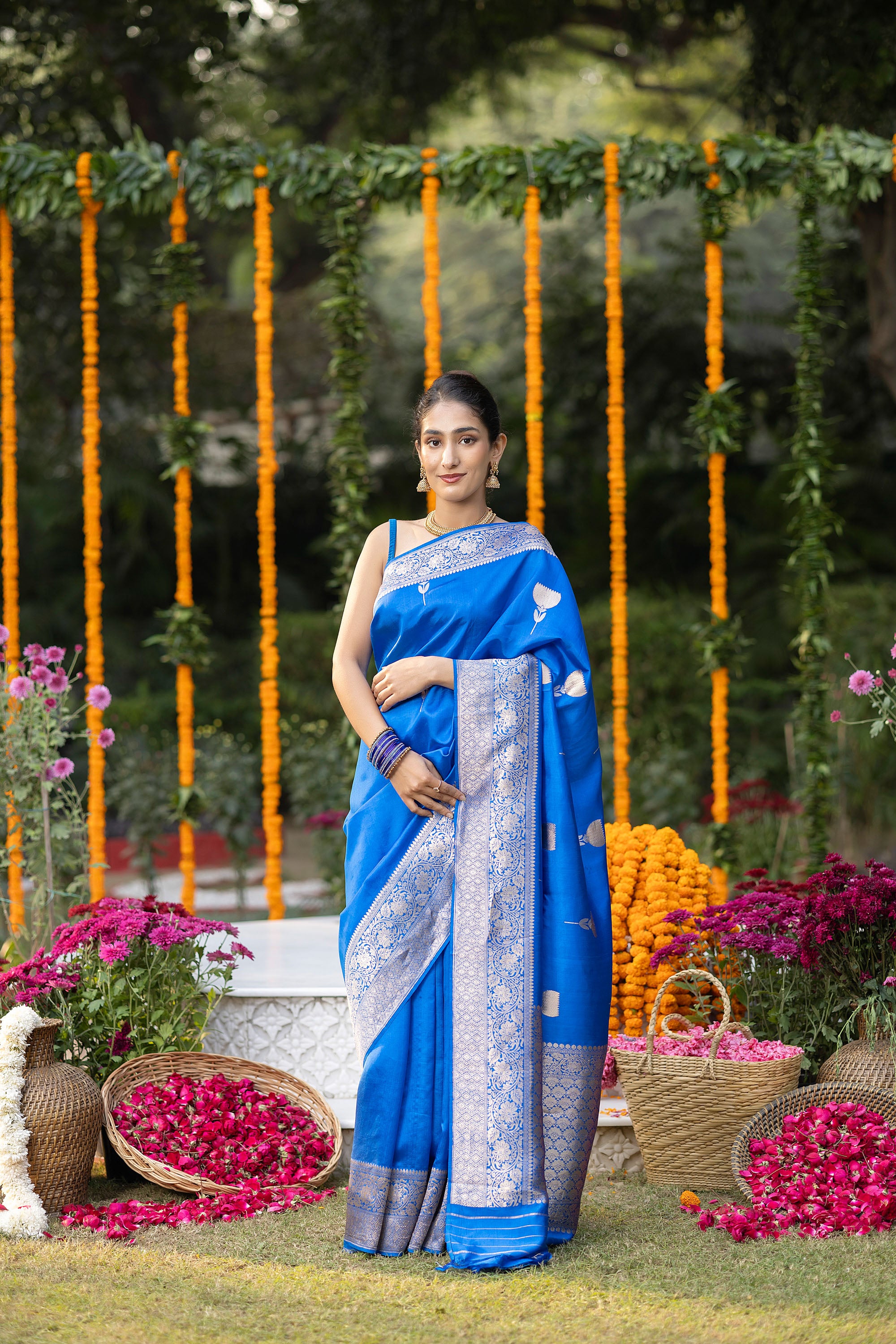 Banarasi Handloom rich blue pure silk saree with zari buta and border
