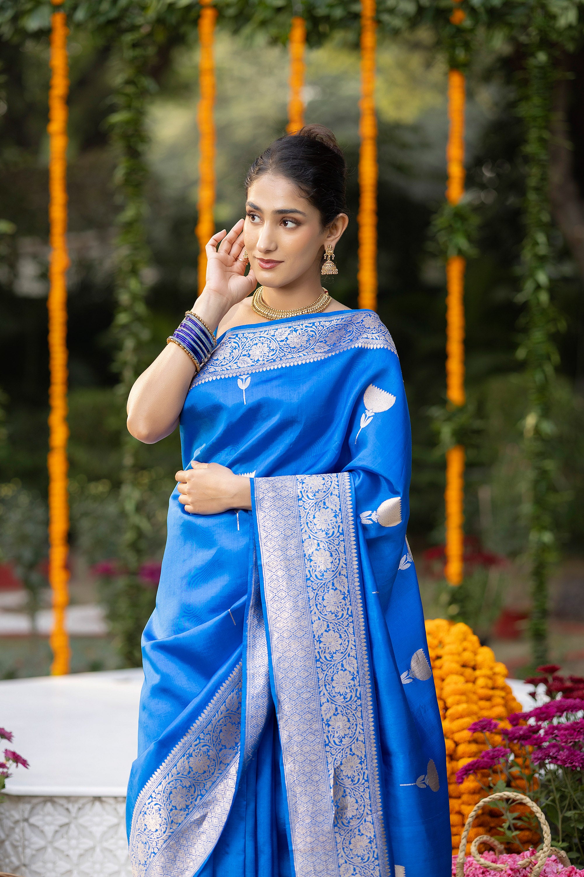 Banarasi Handloom rich blue pure silk saree with zari buta and border