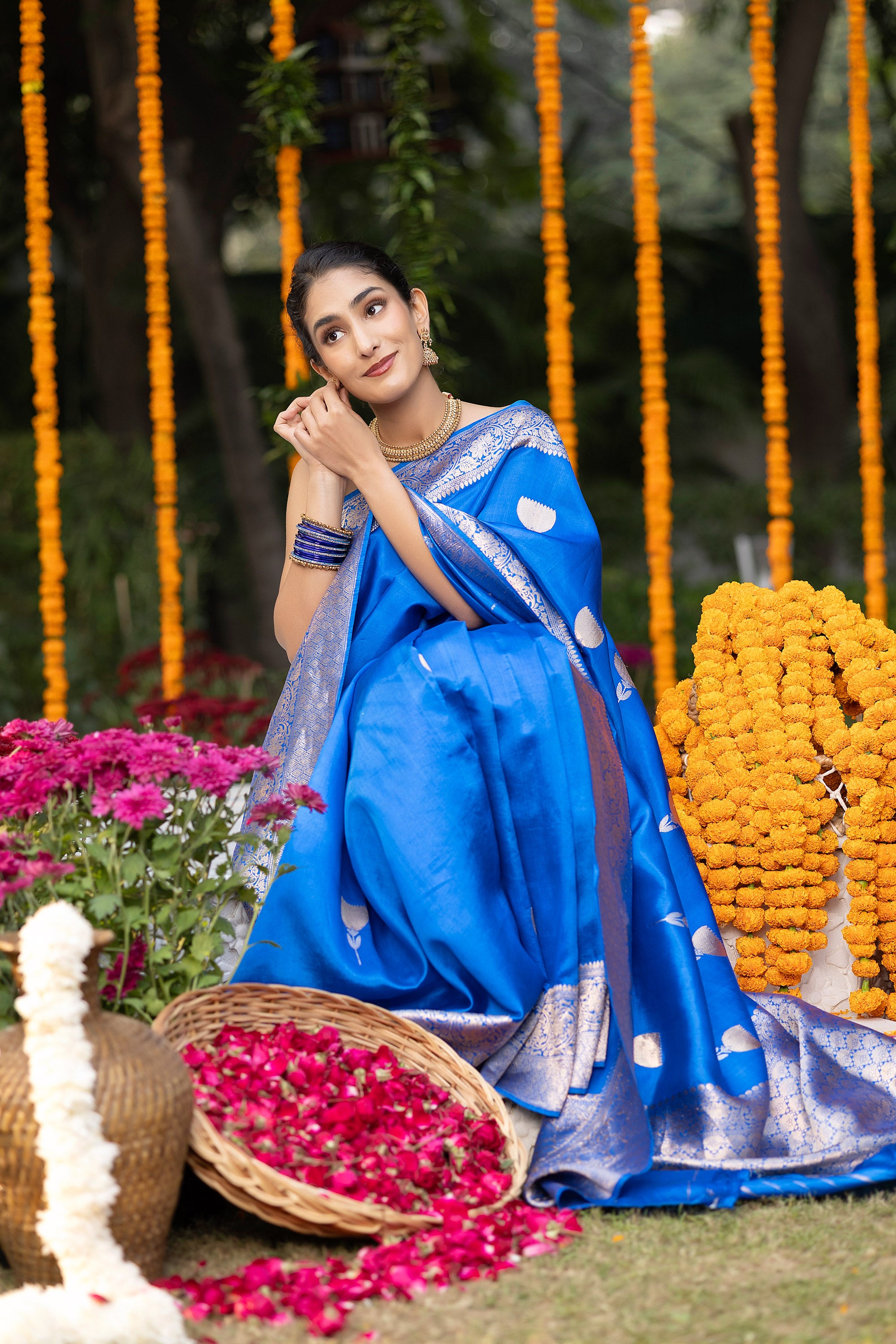 Banarasi Handloom rich blue pure silk saree with zari buta and border