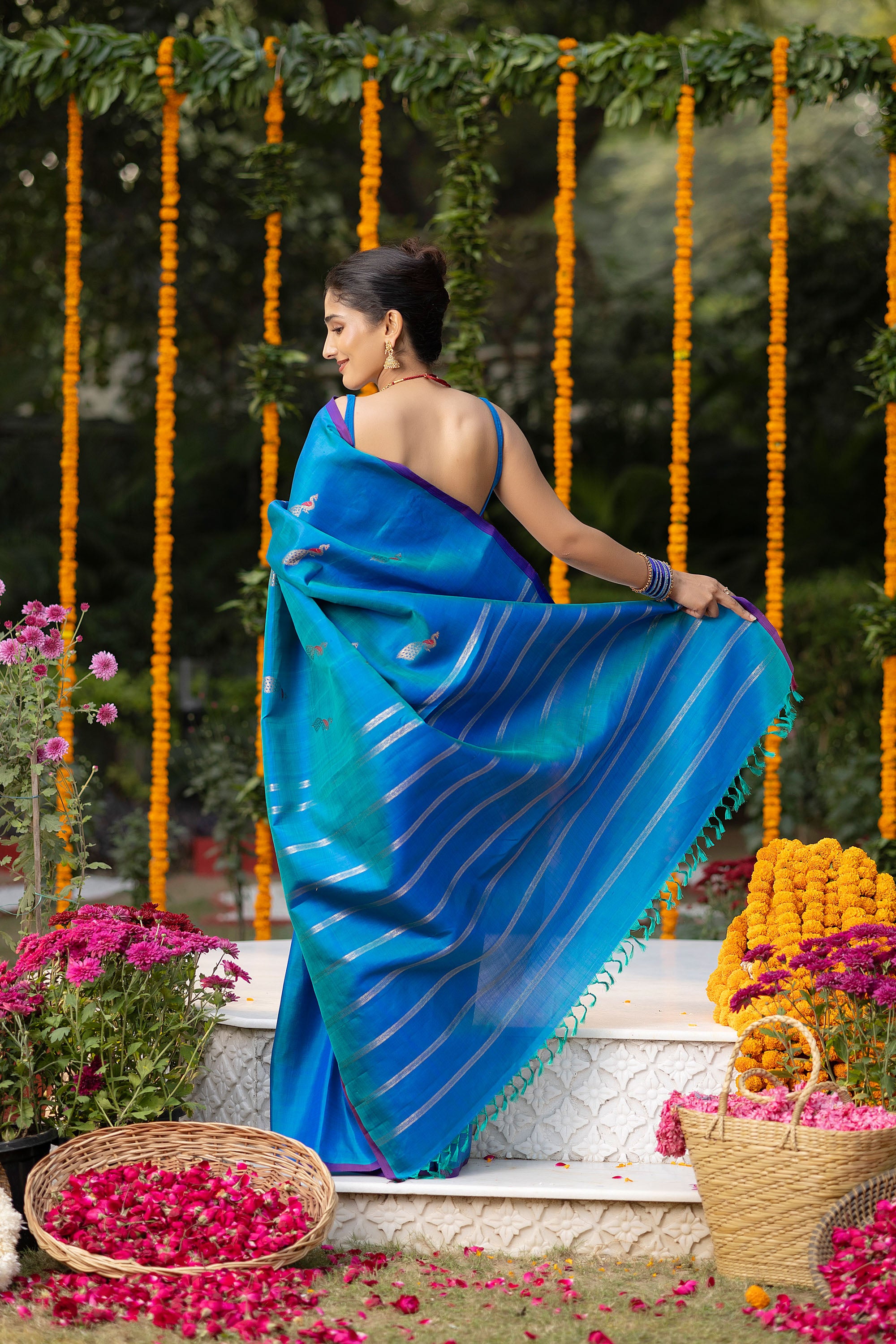 Kanjivaram handloom pure silk pure zari blue saree with a beautiful peacock motif