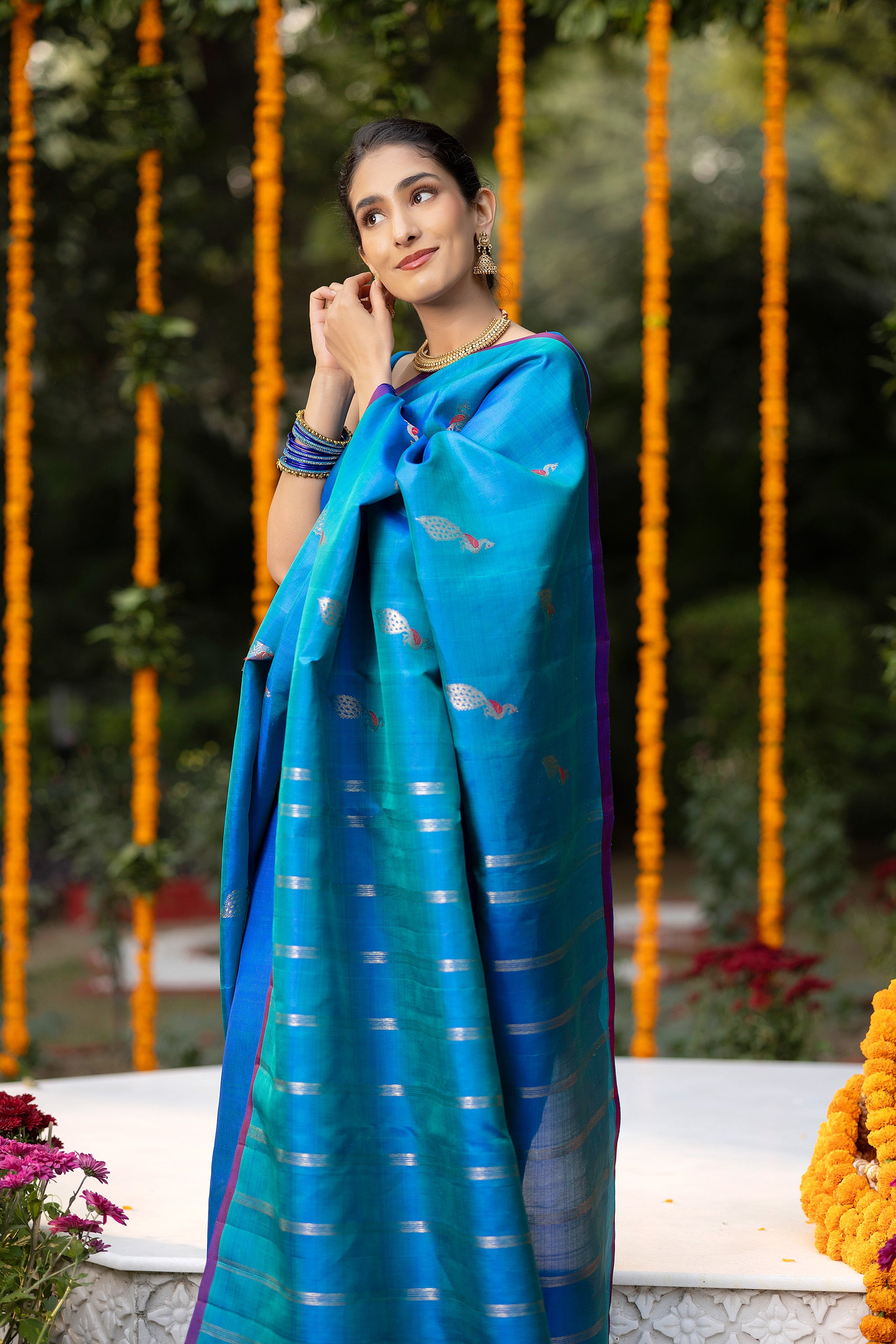 Kanjivaram handloom pure silk pure zari blue saree with a beautiful peacock motif