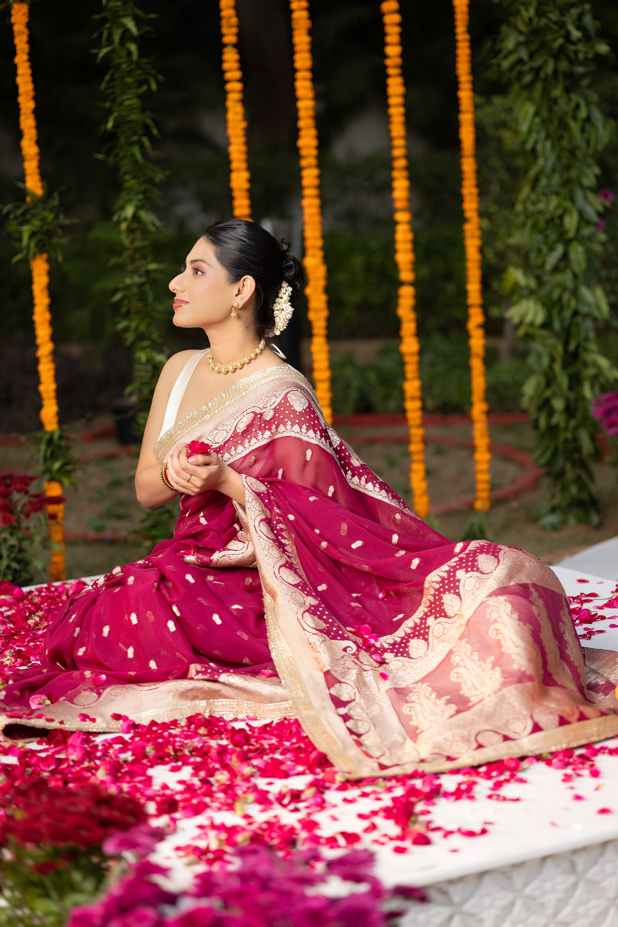 Banarasi pure silk georgette wine red saree with small zari Buti, zari pallu and embellishment lace on the border