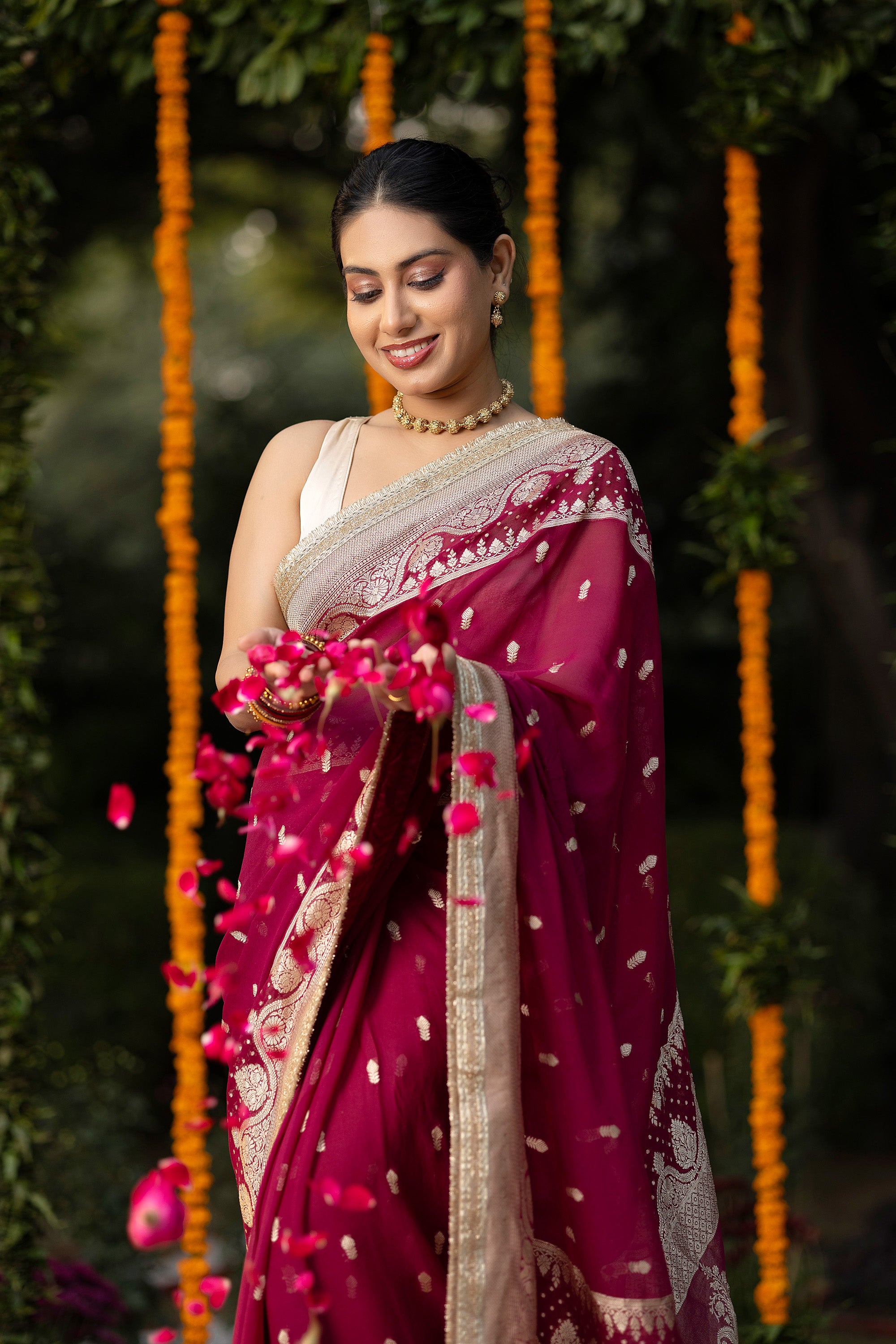Banarasi pure silk georgette wine red saree with small zari Buti, zari pallu and embellishment lace on the border