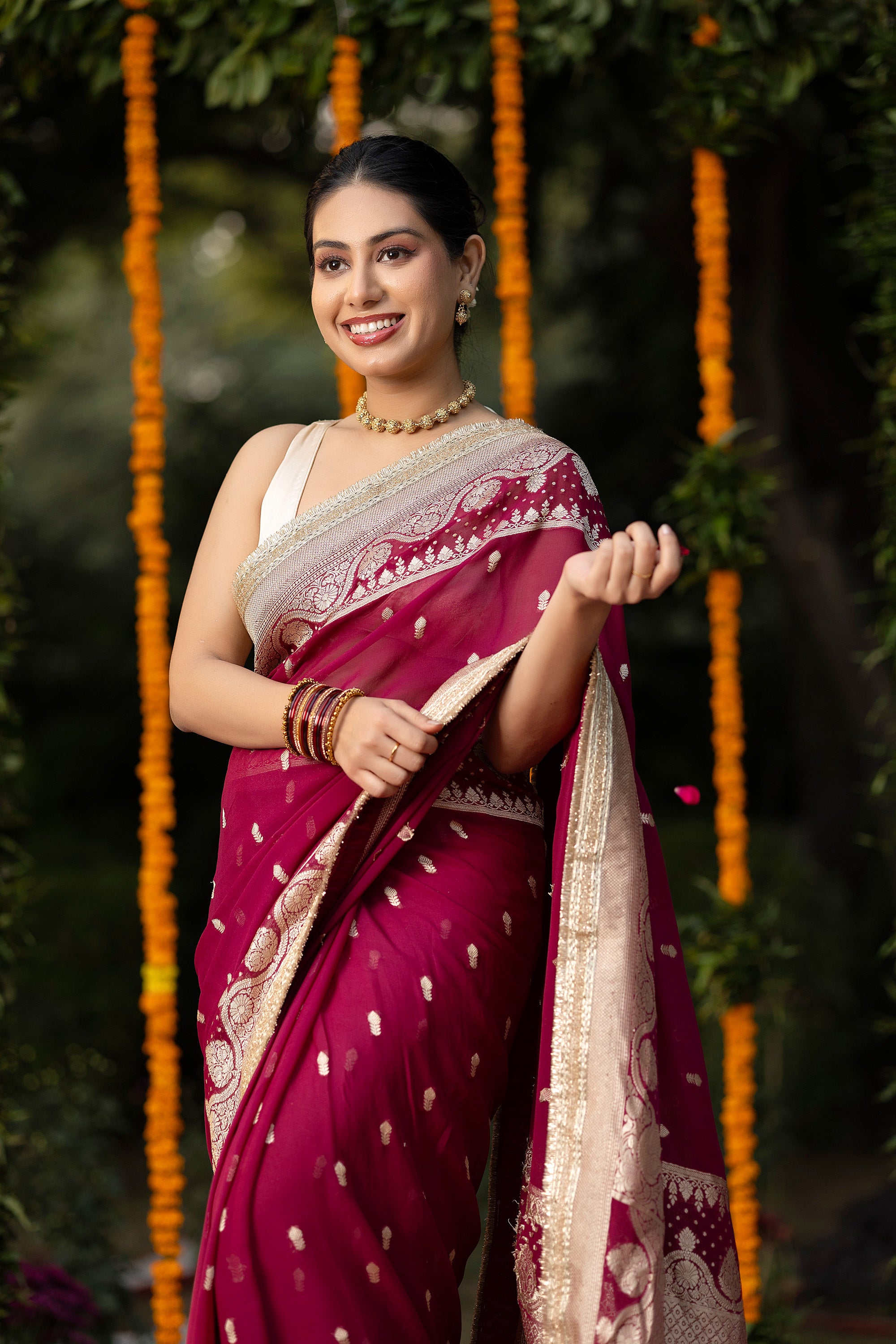 Banarasi pure silk georgette wine red saree with small zari Buti, zari pallu and embellishment lace on the border