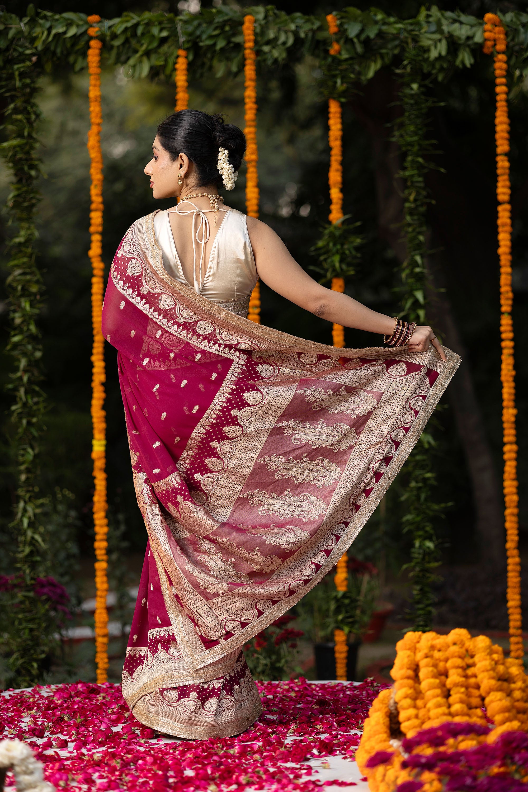 Banarasi pure silk georgette wine red saree with small zari Buti, zari pallu and embellishment lace on the border