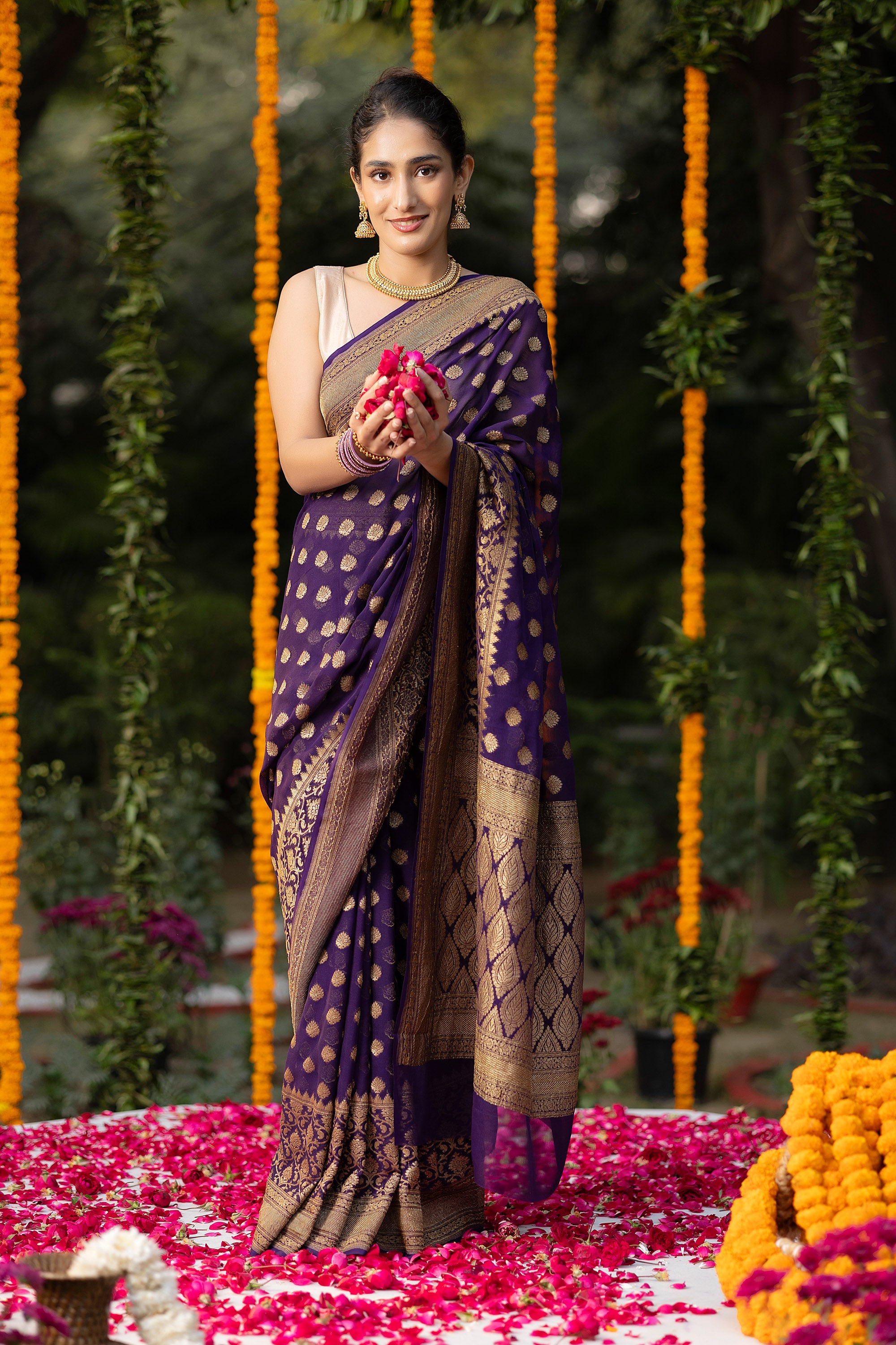 Banarasi pure silk georgette deep purple saree with copper zari Buti, zari pallu