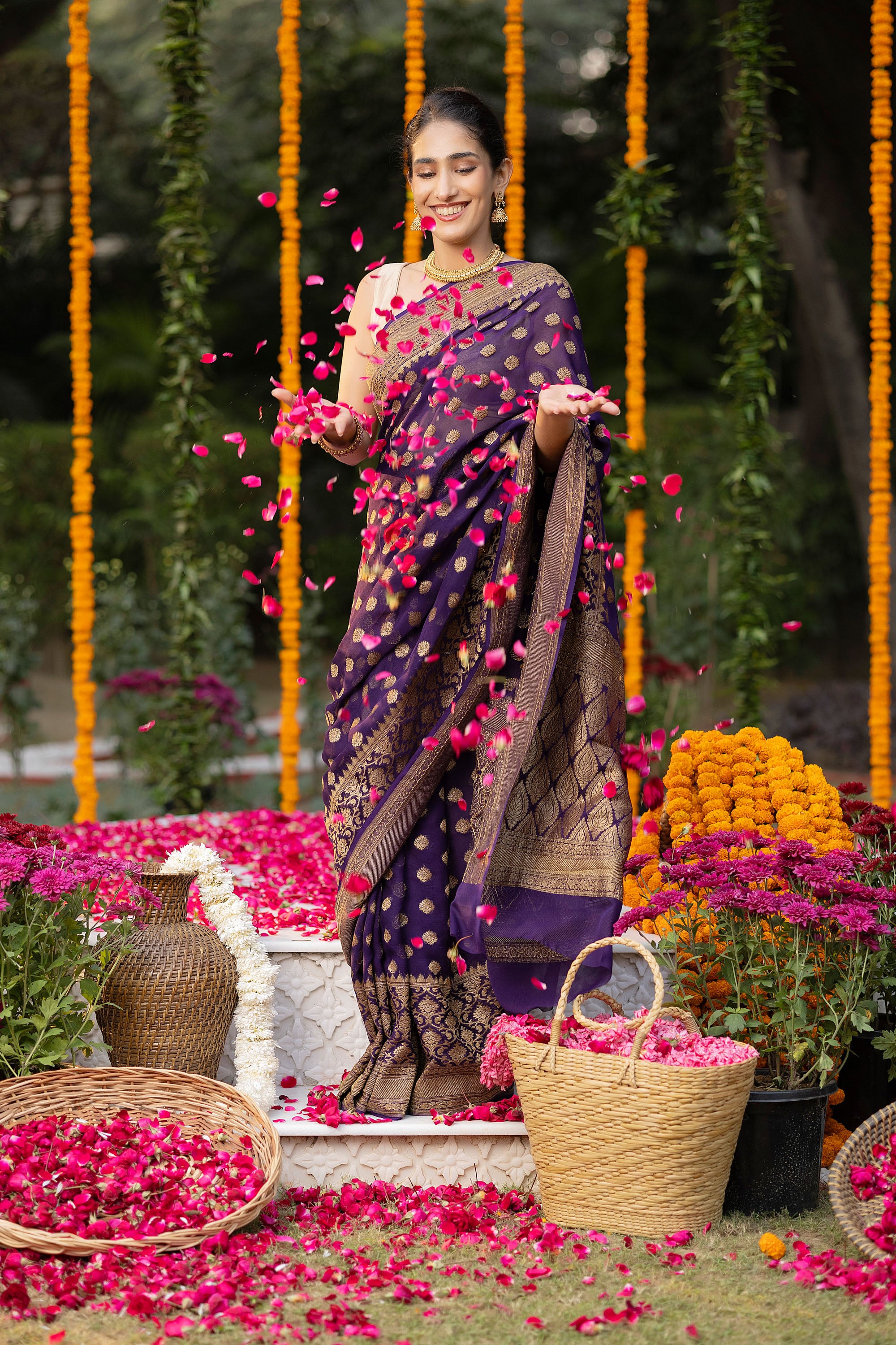 Banarasi pure silk georgette deep purple saree with copper zari Buti, zari pallu