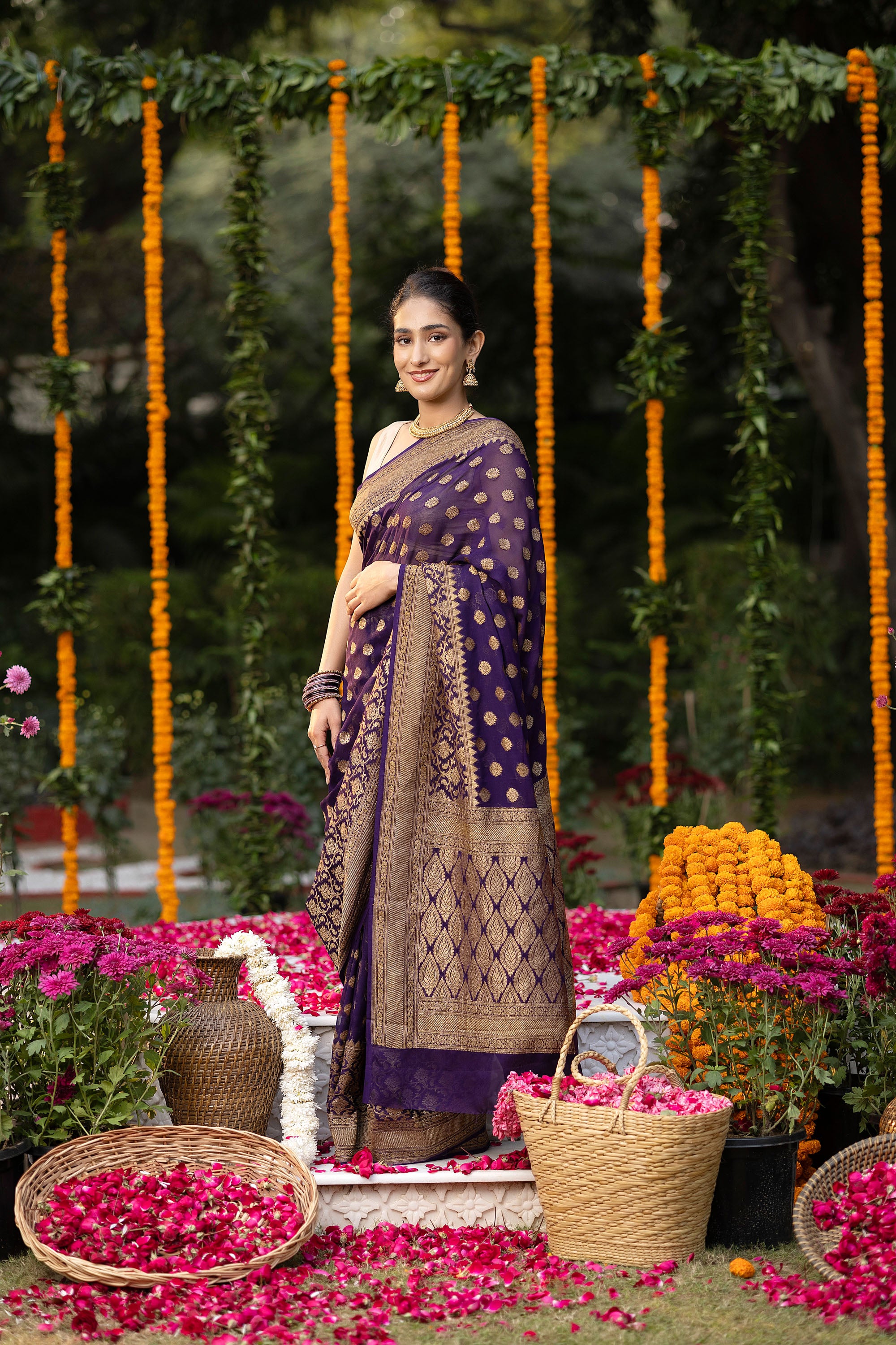 Banarasi pure silk georgette deep purple saree with copper zari Buti, zari pallu