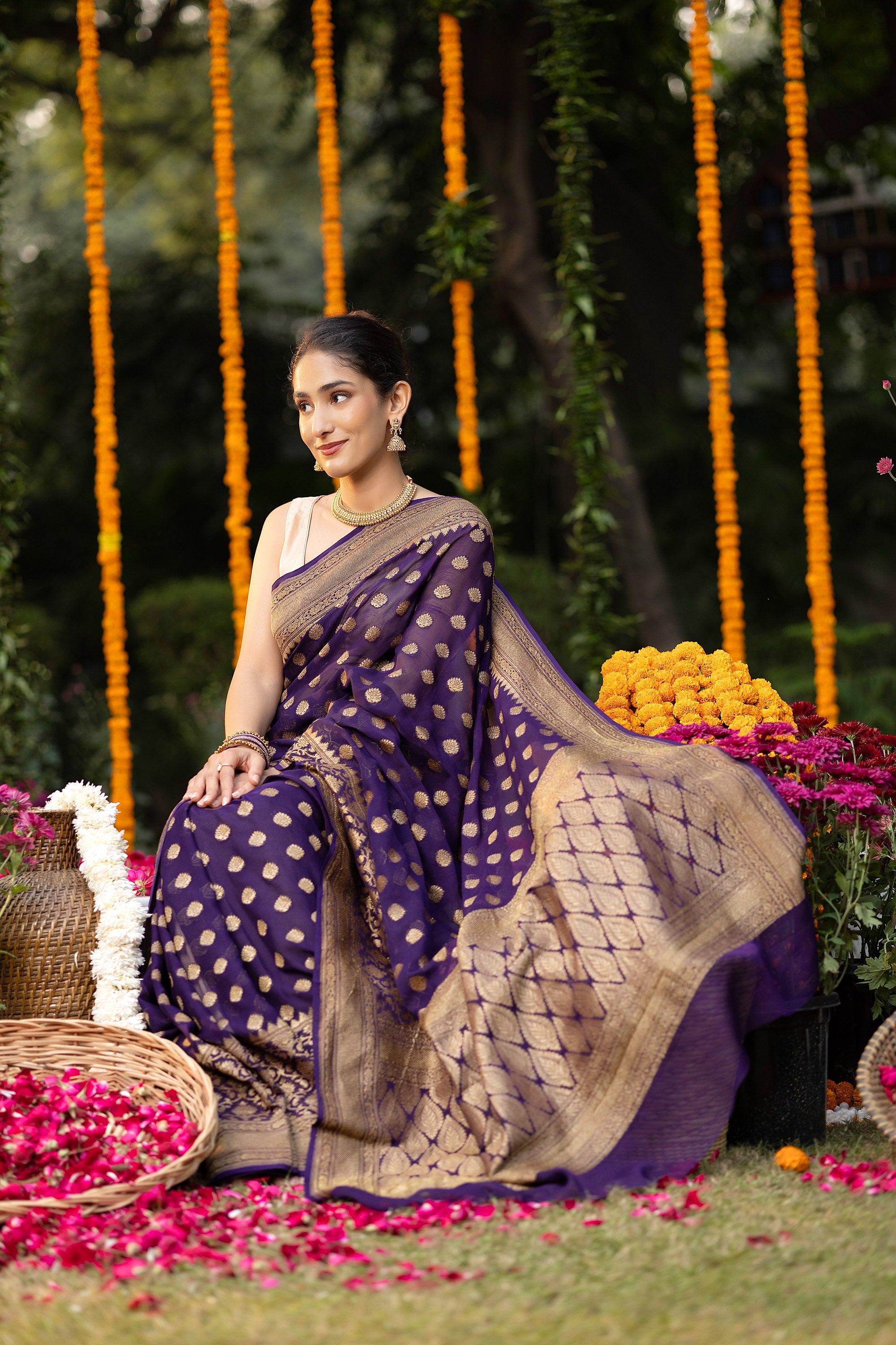 Banarasi pure silk georgette deep purple saree with copper zari Buti, zari pallu