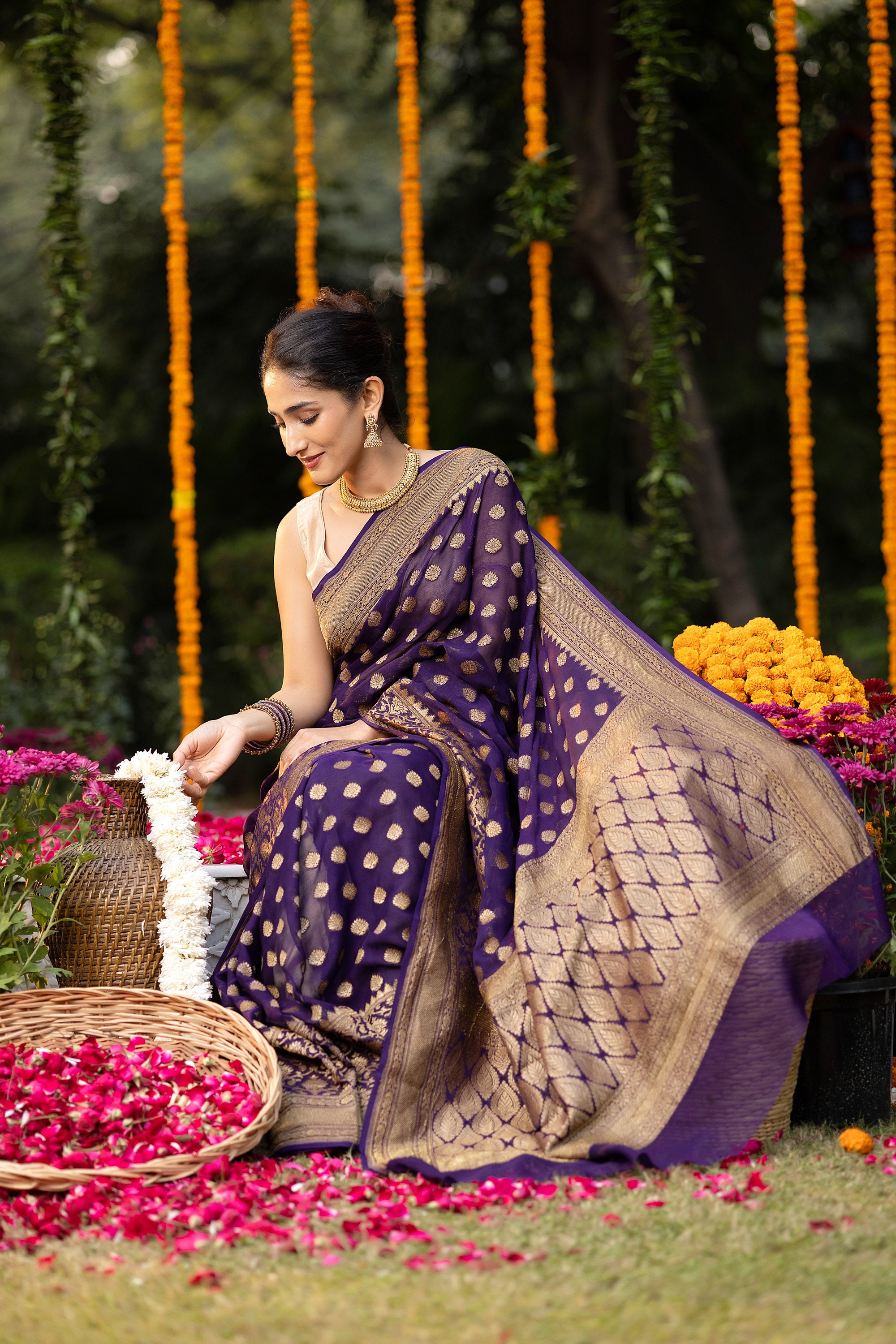 Banarasi pure silk georgette deep purple saree with copper zari Buti, zari pallu